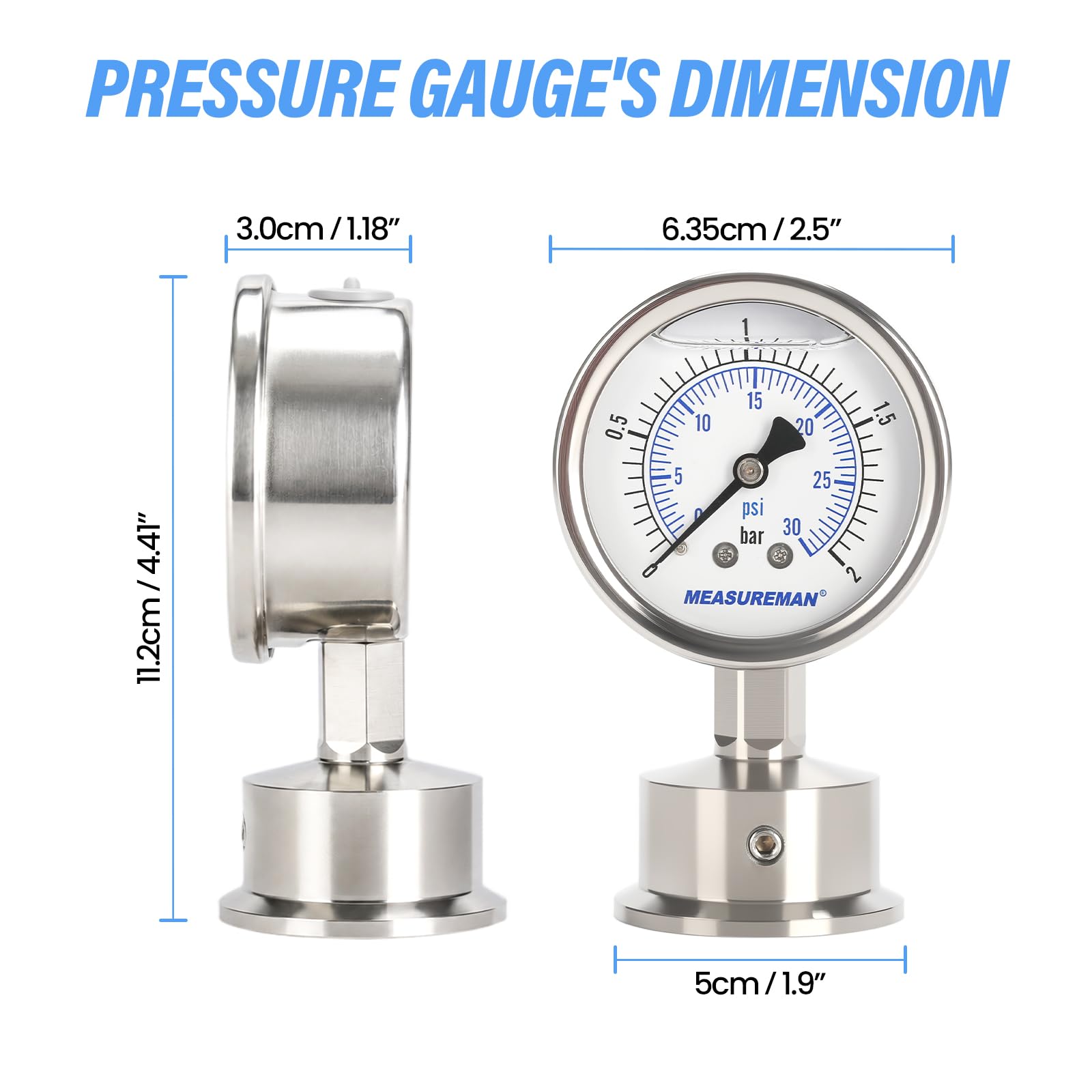 Hygienisches Manometer, glycerinbefüllt, 0-2bar/psi, Brauerei, Lebensmittel und Pharmabranche