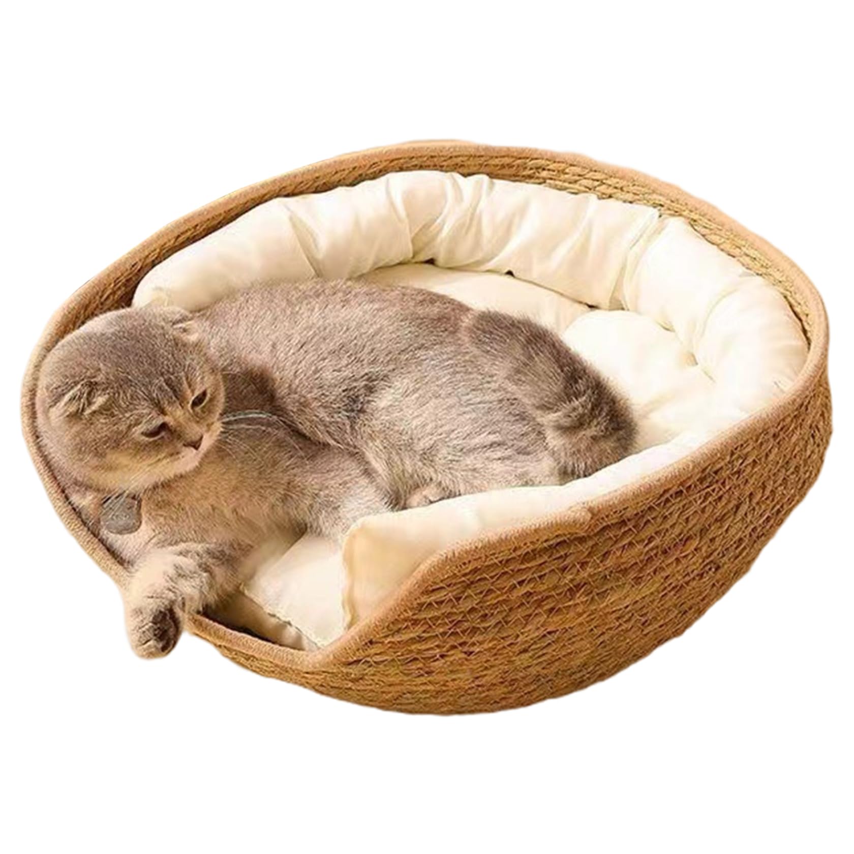 Comebachome Cat Basket Bed 17 Inch Round Rattan Cat Bed with Cotton Cushion Scratch-Resistant Washable Sleeping Nest, Nest