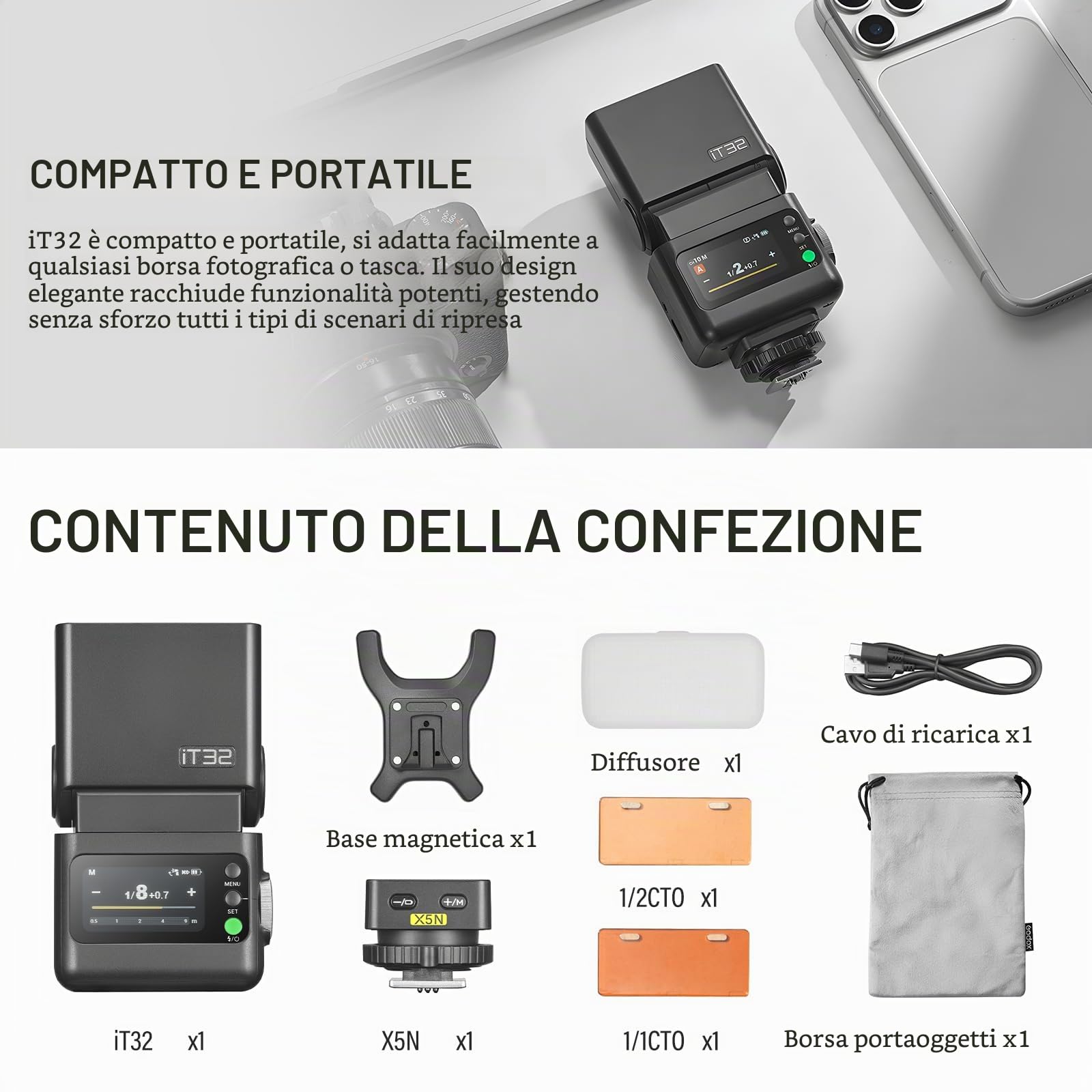 Godox IT32 Flash per Fotocamera TTL con Trigger X5N per Nikon Camera 2.4G GN18 510 Flash a Piena Potenza Touchscreen Riflettore Integrato Luce LED Filtro Colore Magnetico
