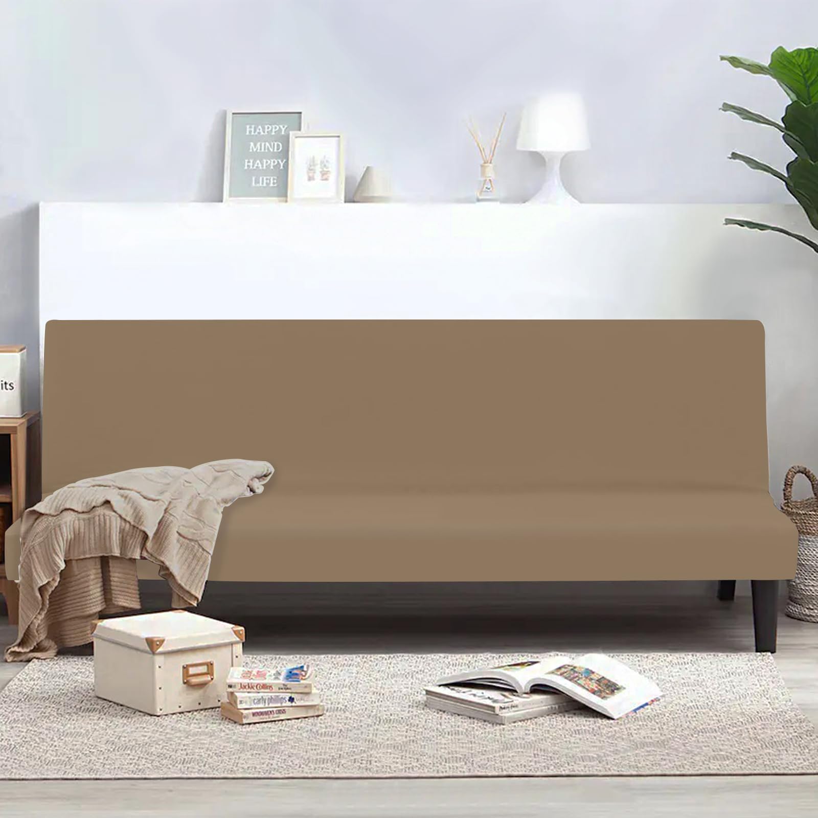 FIGOOO Copridivano senza Braccioli 3 Posti Elasticizzato Copridivano Letto Pieghevole Universale Spandex Fodera per Futon a Tinta Unita Coperture Divano Clic Clac per Soggiorno Casa,Marrone Rossastro