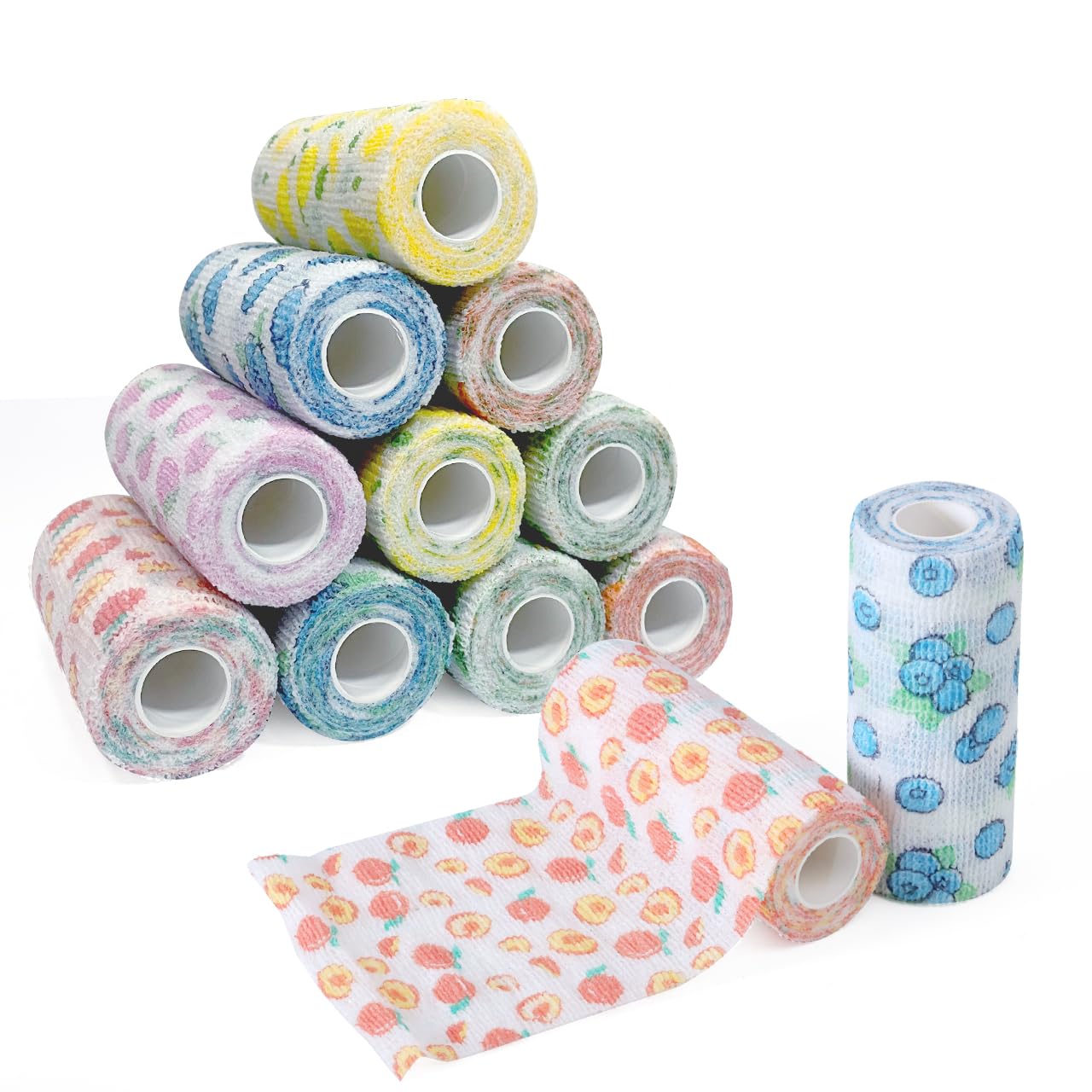 tigratigro 12 Rotoli di bende elastiche autoadesive, garze autoadesive, bende non tessute, nastro sportivo autoadesivo per mani, piedi, braccia (Frutto 12 Rotoli 10cm x4.5m)