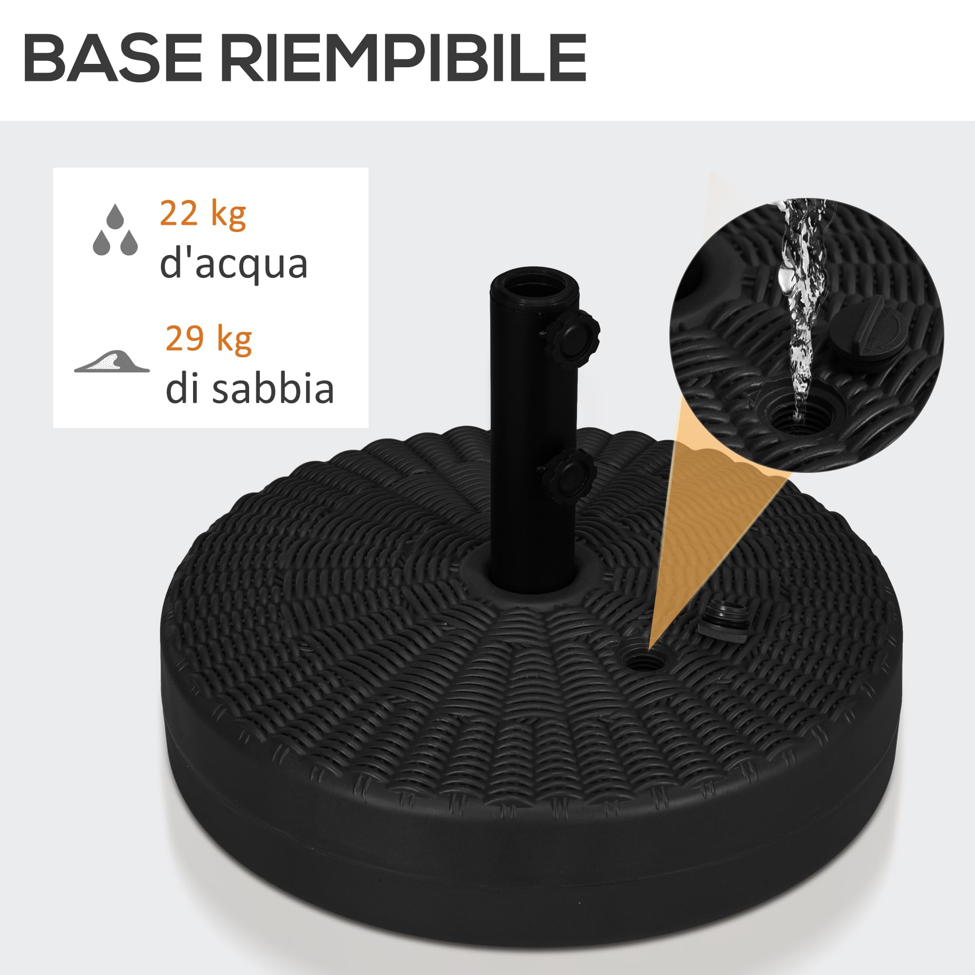 Outsunny Base per Ombrellone con Manopole Incorporate, Basamento per Ombrellone in HDPE e Acciaio con Beccuccio Laterale, per Pali di Ombrelloni da Ø38/48 mm, Ø51x36 cm, Nero