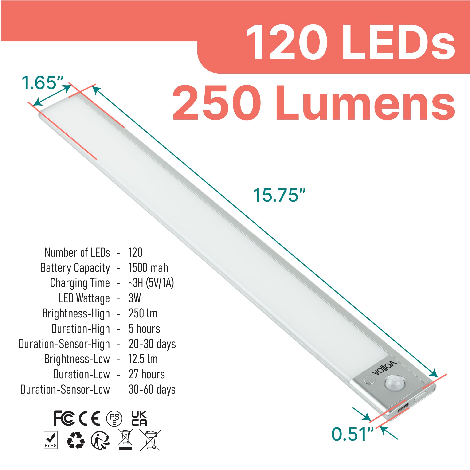 Modulo luminoso a LED compatto, versatile, ricaricabile, alloggiamento in alluminio, sensore di movimento e luce, luminosità regolabile, 3 temperature di colore (medie - 40 cm, argento)