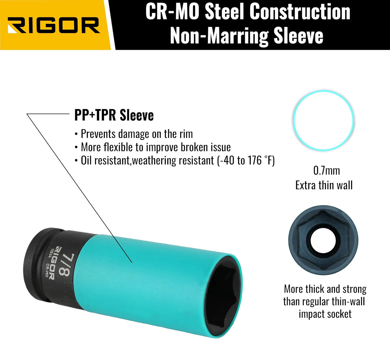 RIGOR 11514 7/8-Inch Non-Marring Lug Nut Socket | Wheel Protector Impact Socket | 1/2" Drive, 6 Point, CR-MO