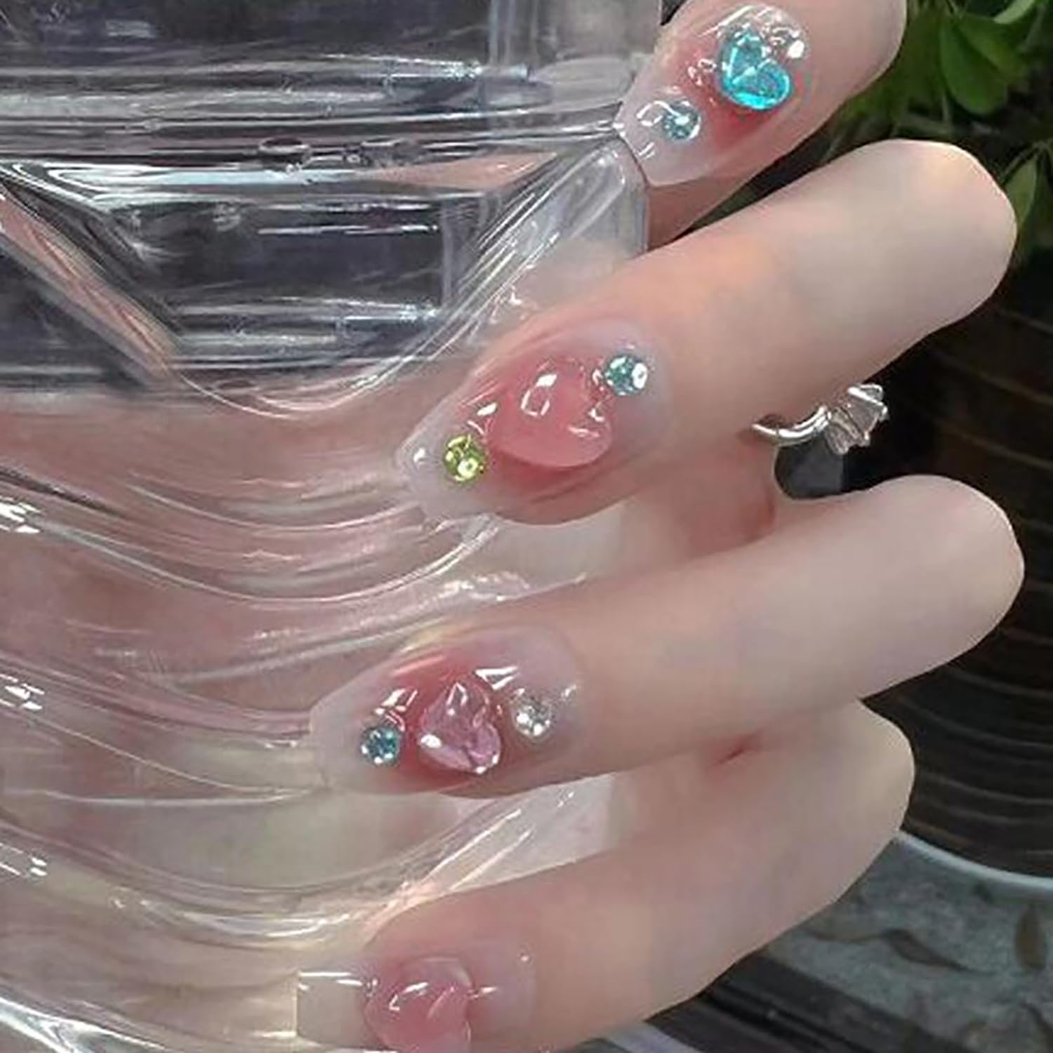 Pink Acrylic Press on Nails Medium Length with 3D Crystal Heart Artifical Fake Nails Square False Nails Full Cover Coffin Nails Glue on Nails with 3D