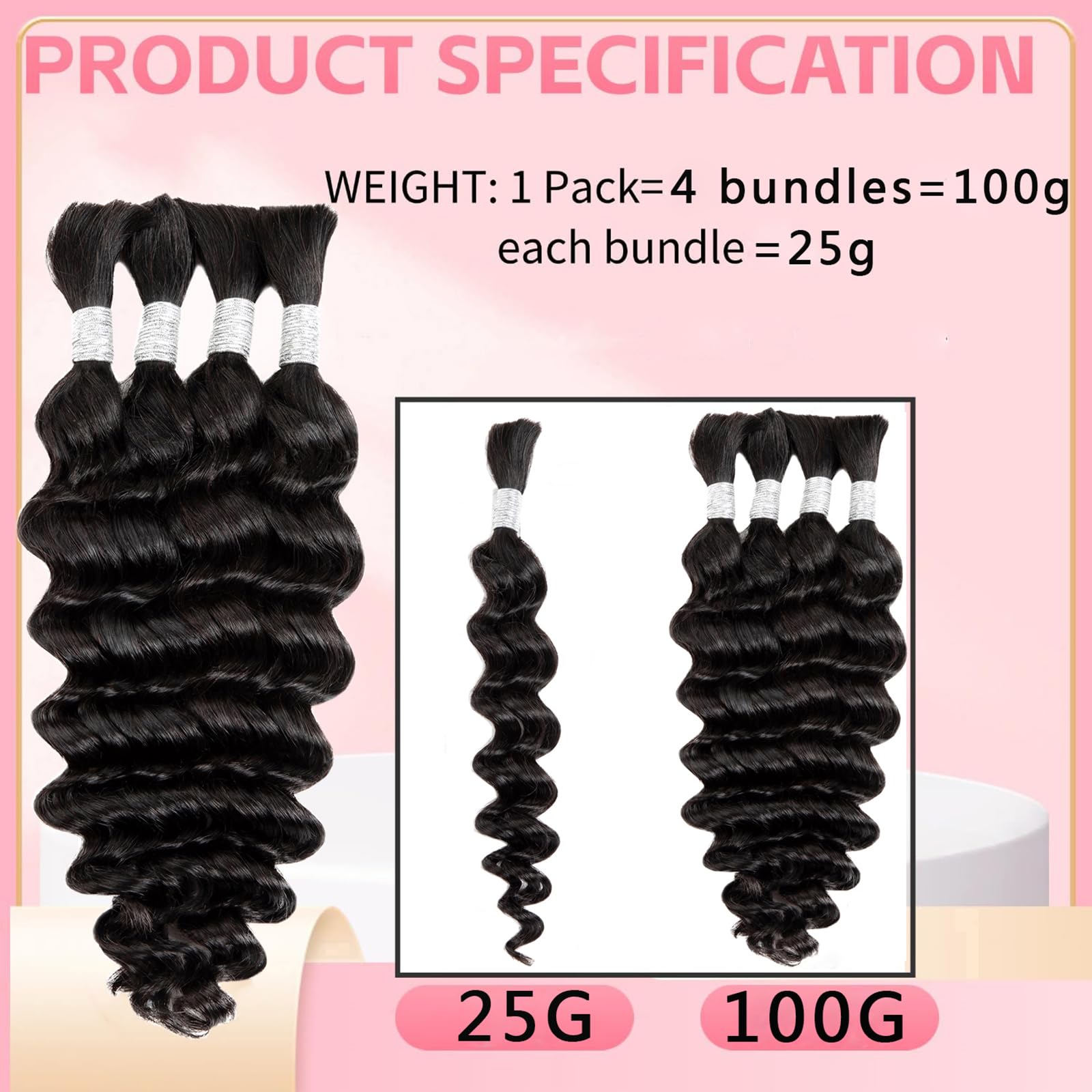 Human Braiding Hair for Boho Braids 14 inches Human Hair for Braiding No Weft Deep Wave Natural Black Color 4 Bundles/Pack (Total 100G) - Image 2