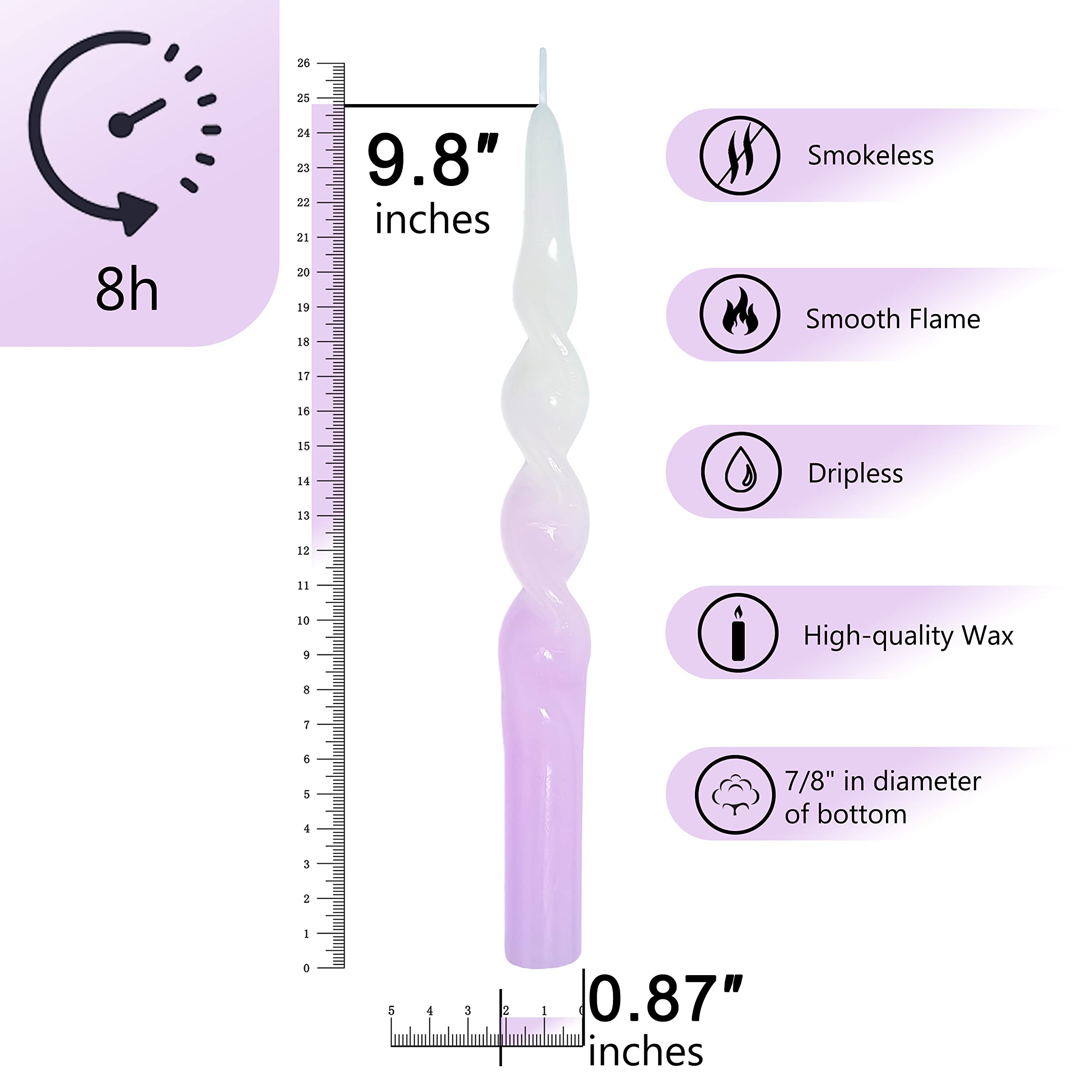 9.5inch 2 PCS Spiral Taper Candles Twisted Candles Handmade Dripless Unscented Smokeless Twisted Long Candles