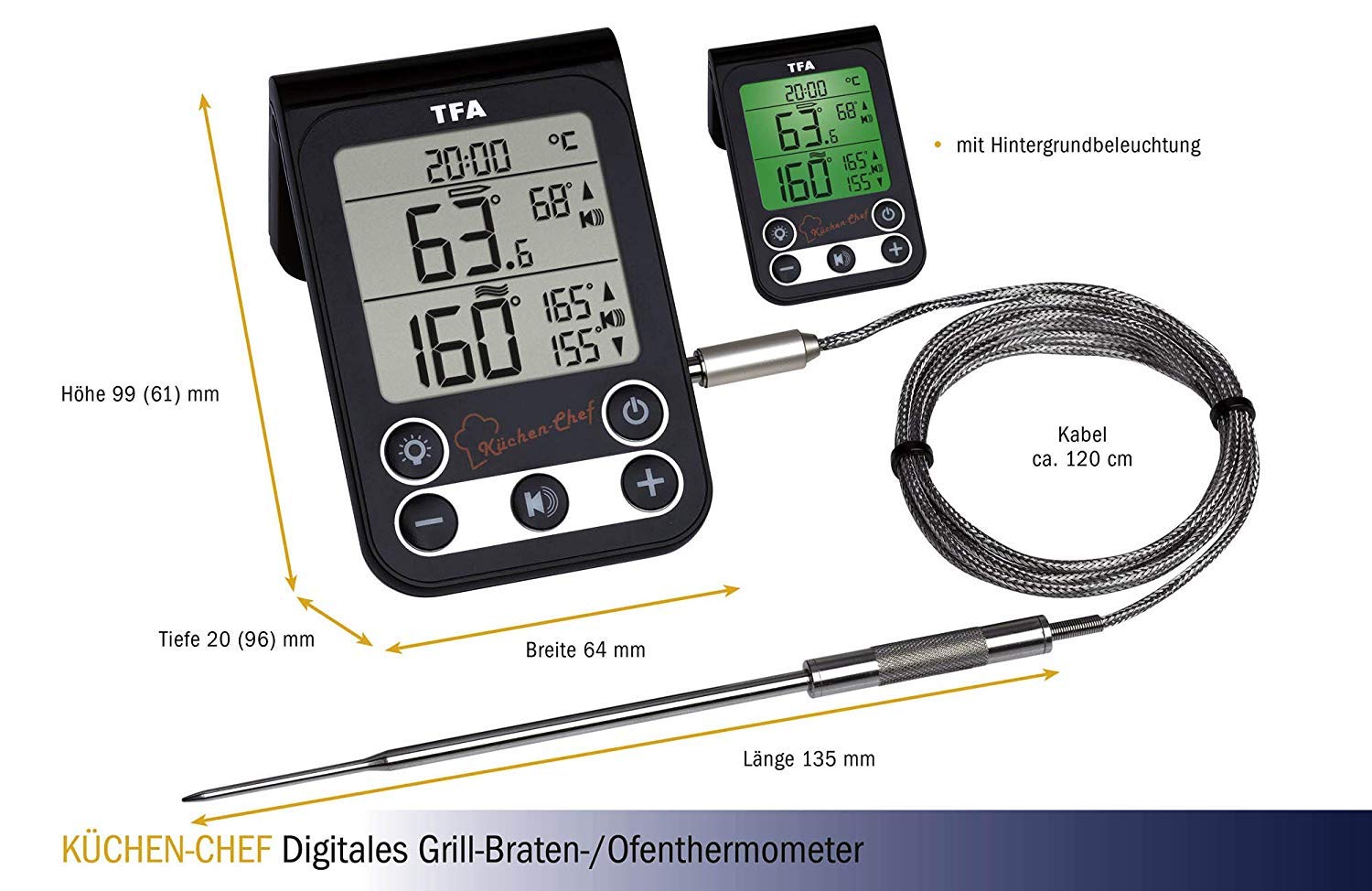 TFA Dostmann 14.1512.01 Küchen-Chef Digitales Grillthermometer Bratenthermometer, Kontrolle der Kerntemperatur und Garraumtemperatur, mit Knickschutz und Alarmton (schwarz mit Batterien)