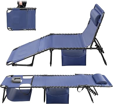 Greesum Chaise Lounge Folding Tanning Chair with 5 Position Adjustable Back, Detachable Pillow & Pocket for Outside Pool, Beach, Sunbathing, Blue w/Face Hole