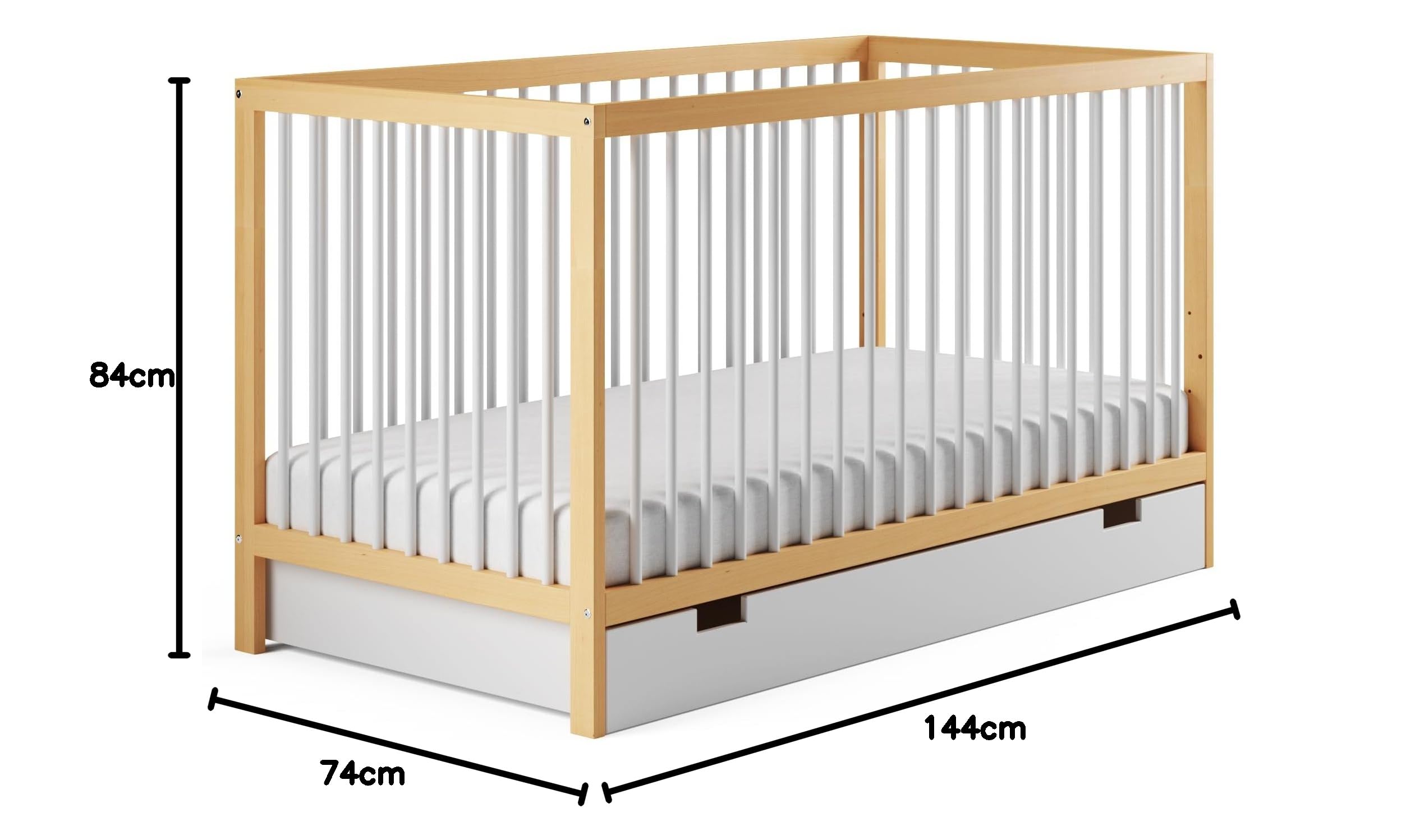 Kids Collective Culla con cassetto Culla 60x120 & 70x140 cm regolabile in altezza e con pioli estraibili Lettino per bambini | 70x140 cm legno di faggio bianco naturale molto robusta Made in Europe