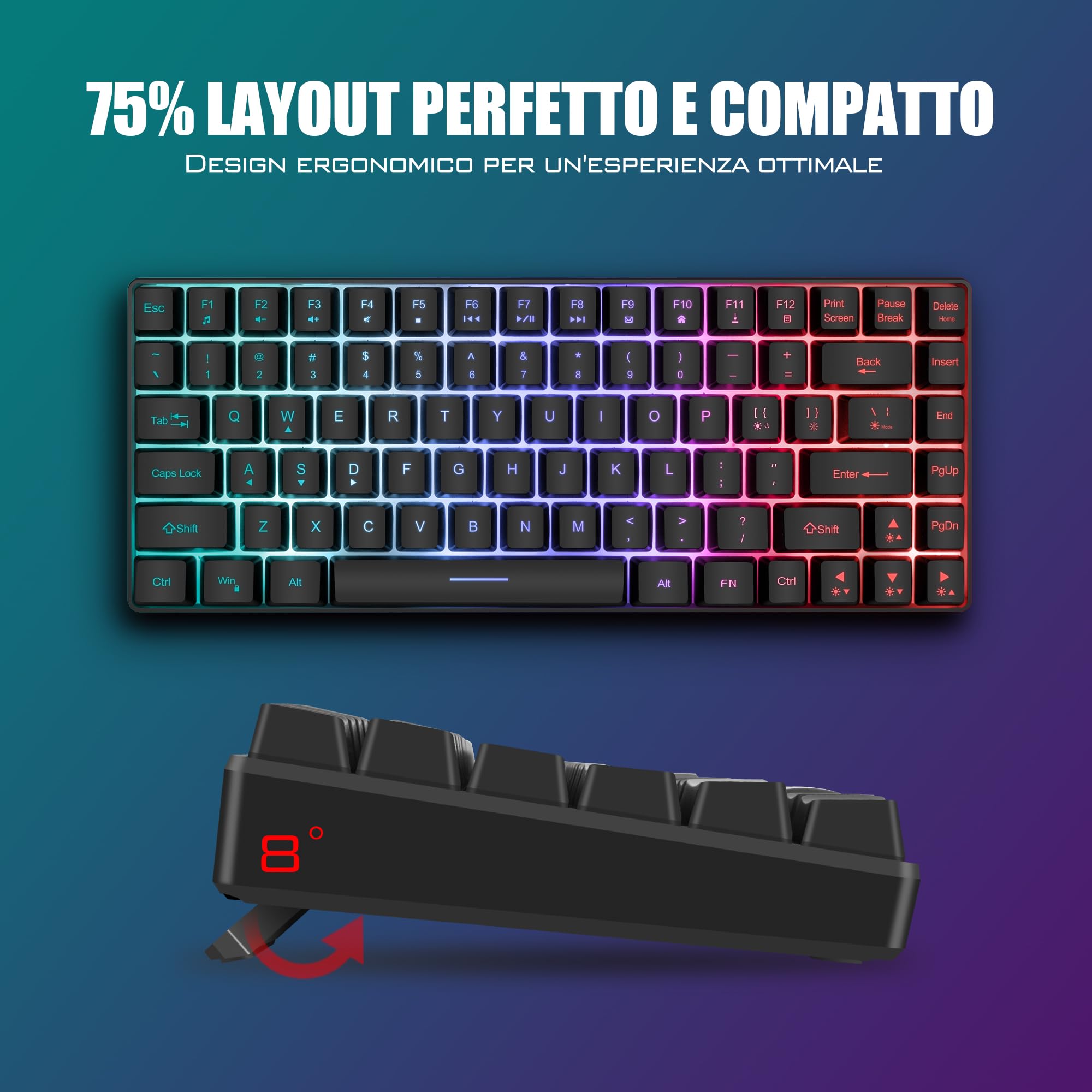 RedThunder 75% Tastiera da Gioco Wireless, Retroilluminazione Dinamica Arcobaleno, Mouse Leggero a Nido D'ape da 3200 DPI, Tastiera Ultra Compatta, 85 Tasti Anti Ghosting, Layout IT per PC/PS5/Xbox