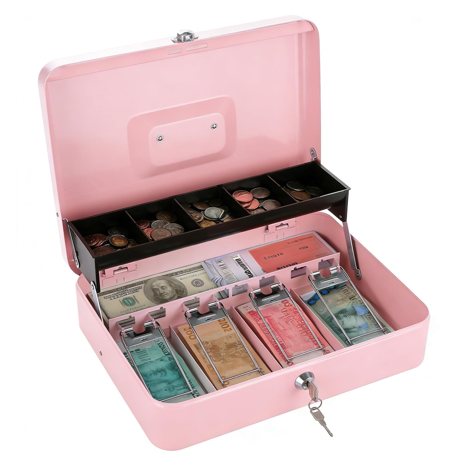 Pink Metal Cash Box with Key Lock, 30 x 24 x 9cm Portable Cash Box, Petty Cash Tin Large Money Box Pink Note and Coin Safe Box Secure Locking Money Tin Comes with Coin Tray & Spring Loaded Clips