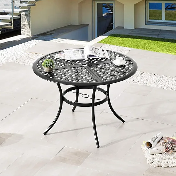 LOKATSE HOME 42.1" Outdoor Patio Round Dining Table with Umbrella Hole, Steel Frame for Backyard Lawn Balcony Deck