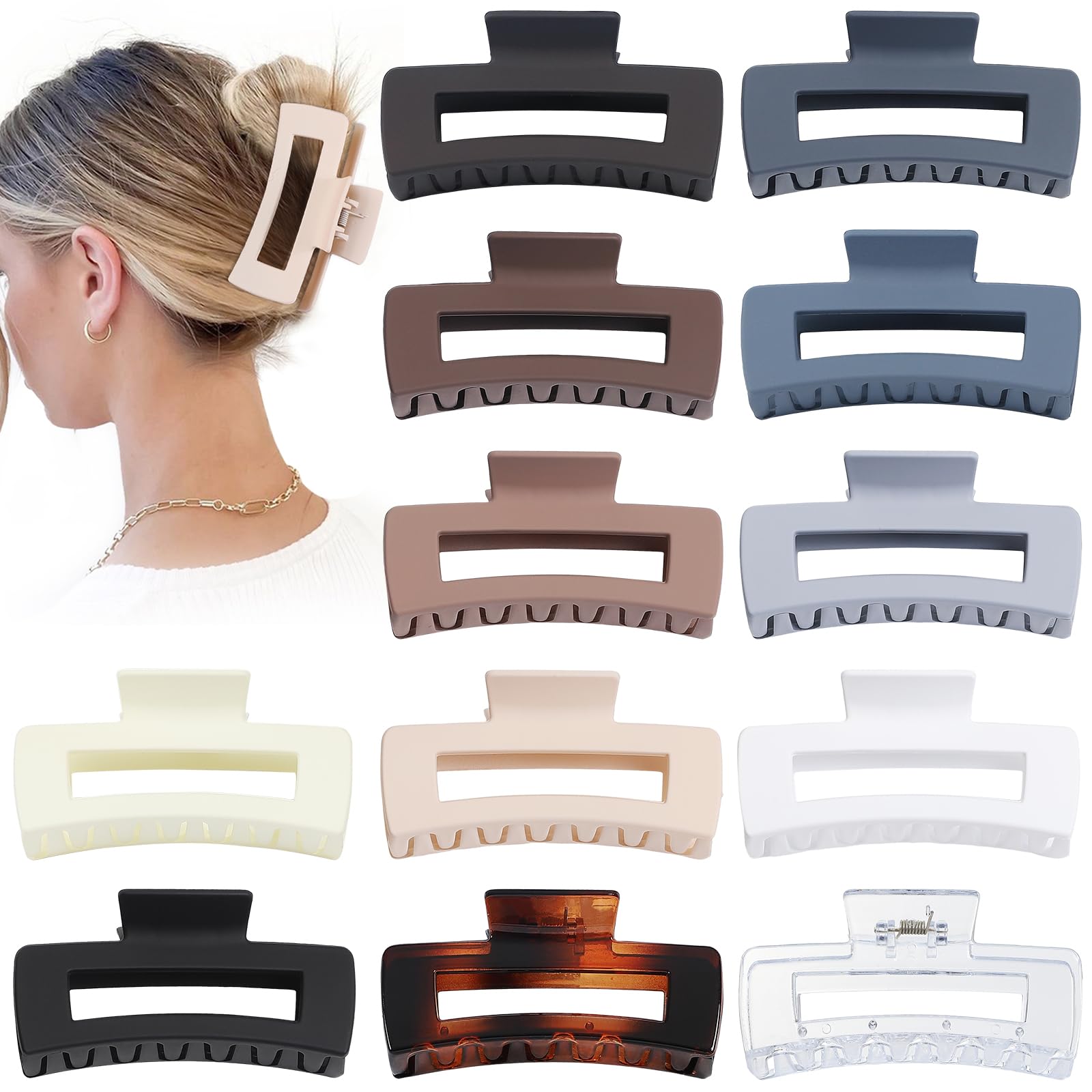 Sisiaipu Large Square Jumbo Hair Clips - 4.1 Inch Big Jaw Clips for Thick Hair, 12 Pcs Bulk Accessories for Women and Girls - Neutral
