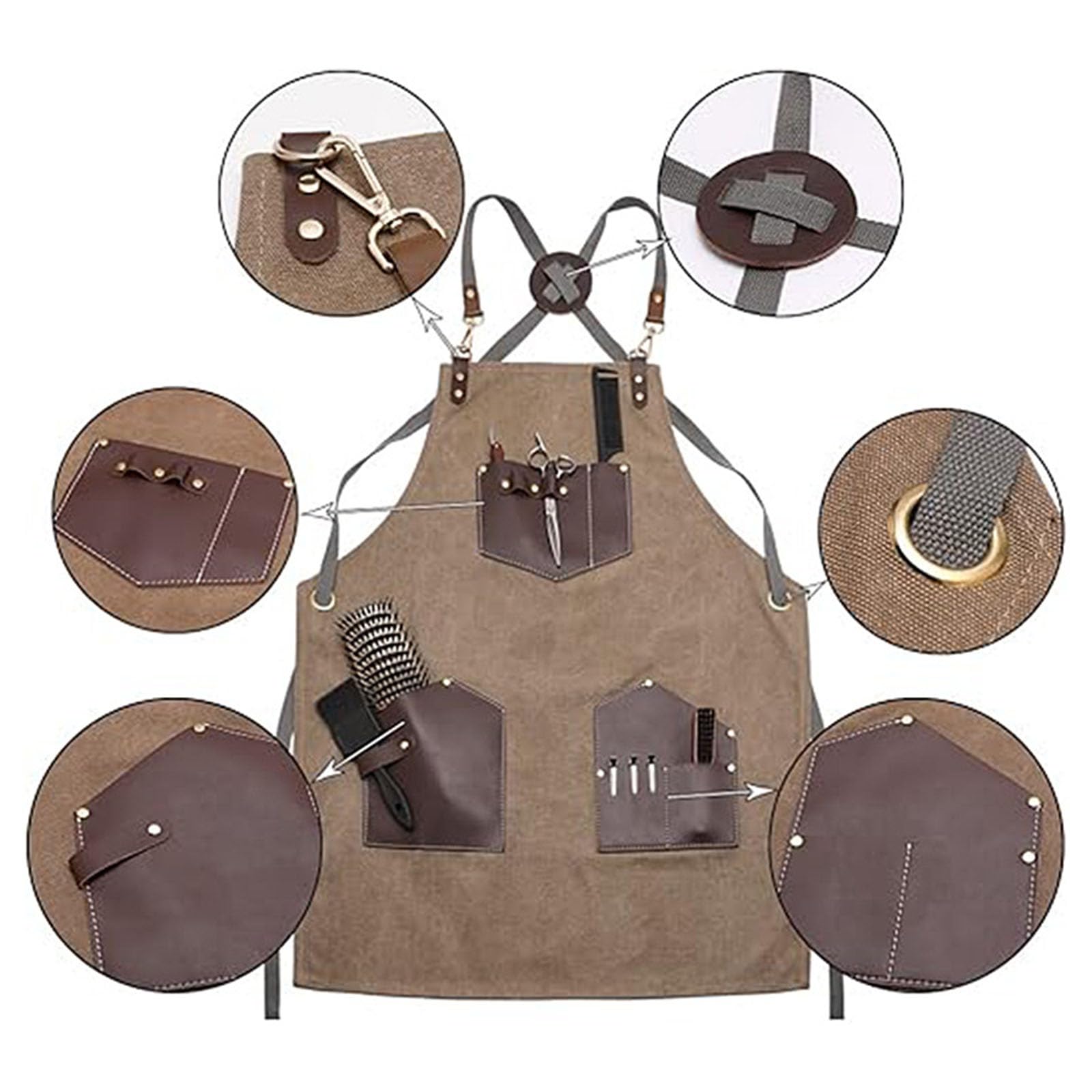 Delantal De Barbero De Lona Ajustable Espalda Cruzada Delantales De Trabajo para Hombres Y Mujeres Múltiples Bolsillos Adecuado para Tatuadores, Peluqueros, Camareros Camel,One Size