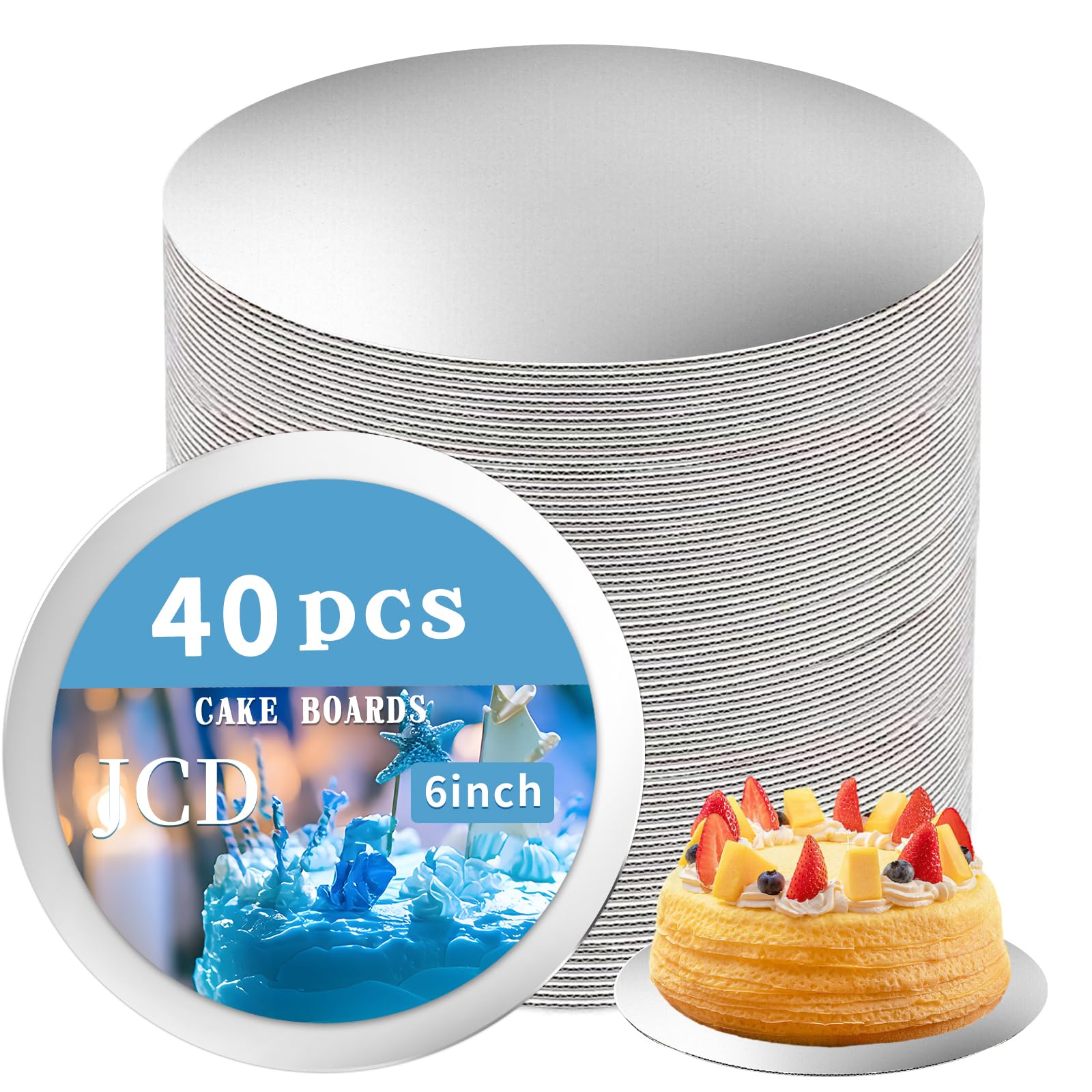 JCD Sliver Cake Boards 6 inch Round, 40 Packs Food-Graded Cardboard Cake Rounds, Waterproof and Oil-Proof Cake Plates, Sturdy Corrugated Cake Base, Ideal for Baking, Cake DIY(Sliver, 6inch/40Pcs)