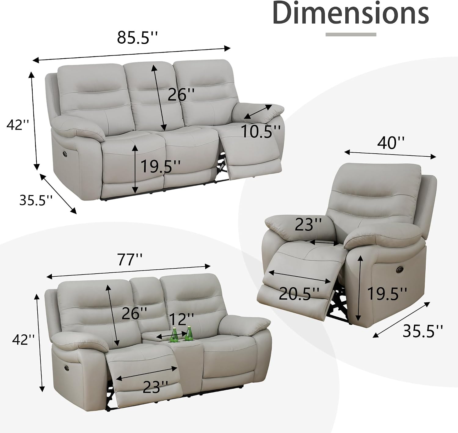 Genuine Leather Power Recliner Sofa Set, Living Room Furniture Set with USB Charging, Power Reclining Sofa Set with Cup Holders (3 Piece Leather Couch Set, Light Grey)