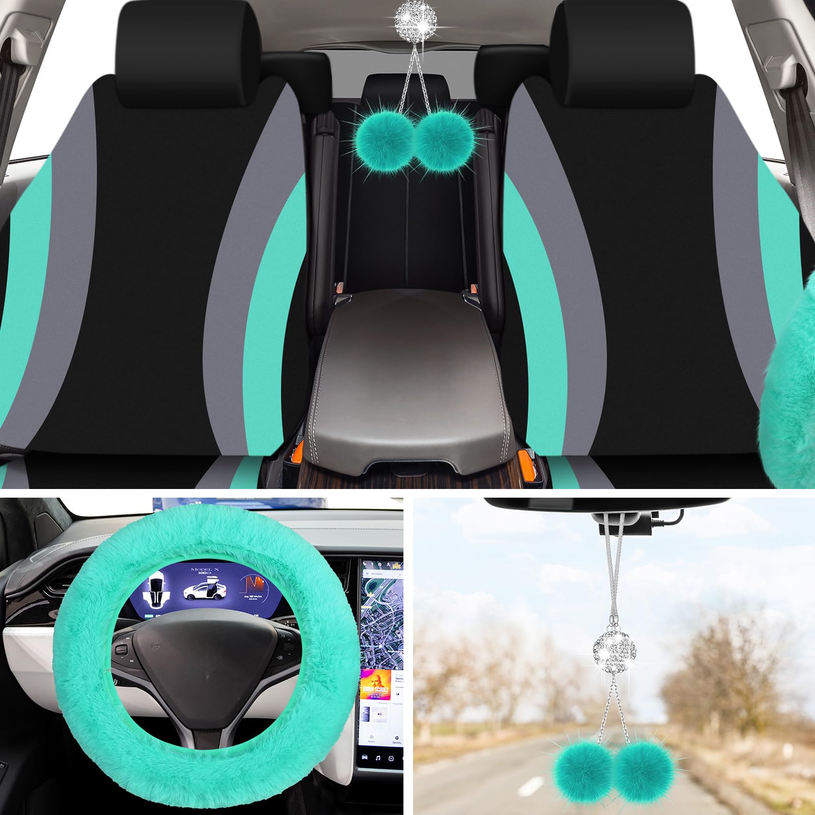 ROCEEI Set completo di 47 coprisedili per auto, accessori per auto, coprisedili anteriori e posteriori, soffici, coprivolante per cinture di sicurezza, tappetini decorativi per condizionatore d'aria
