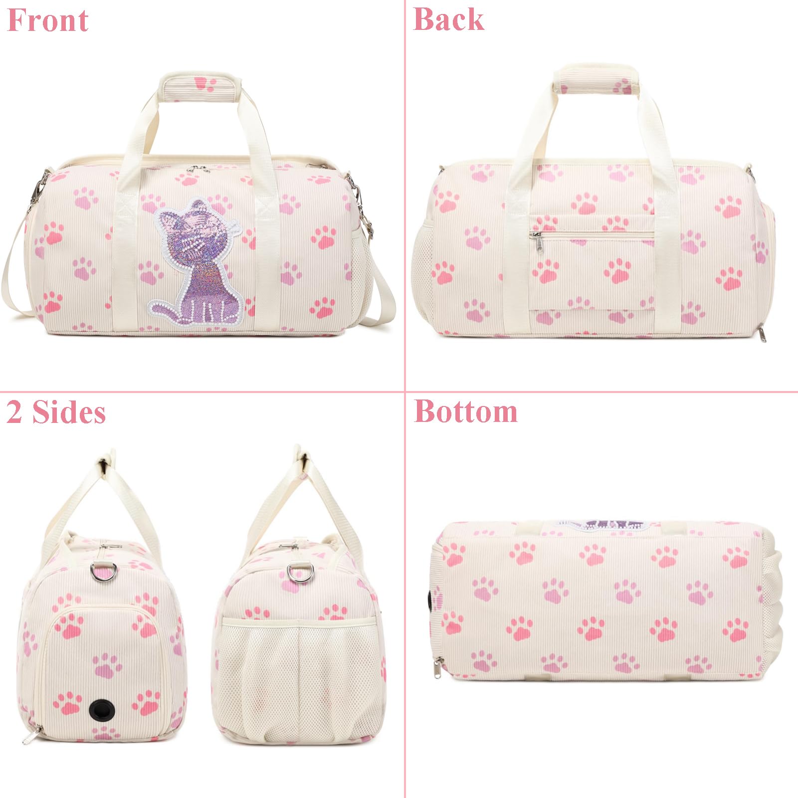Kimwadalh Sac de Sport pour Filles - Motif Chat, Bandoulière, Danse, Gymnastique avec Compartiment Chaussures et Poche Humide - Tissu Velours Côtelé