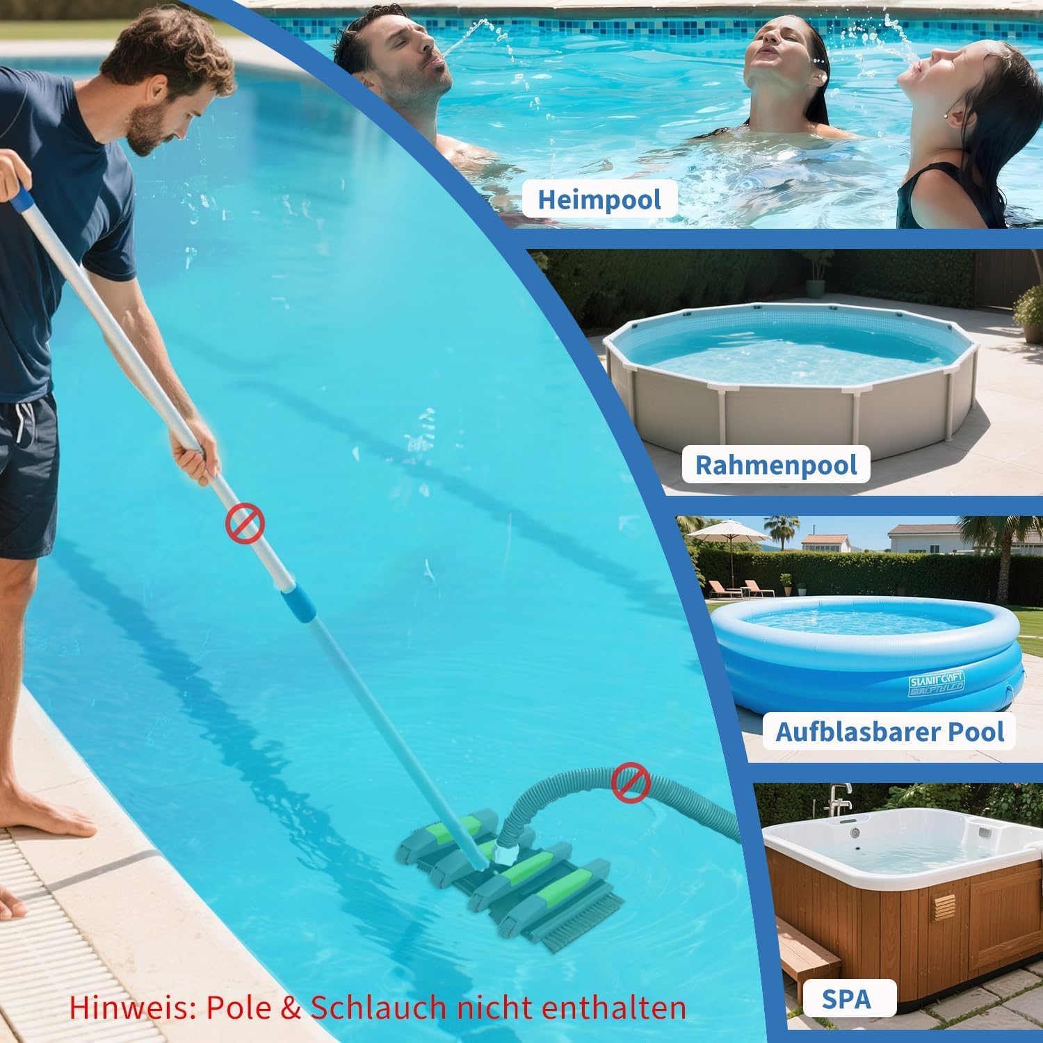 Poolbürste mit Sauganschluss, 45cm Robuster Pool Bodensaugerbürste mit Rädern, Poolsauger Bürste Flexible mit Seitenbürste und Bodenbürstenkopf, Pool Bürste Sauger Passend für 3,2cm&3,8cm Schläuche