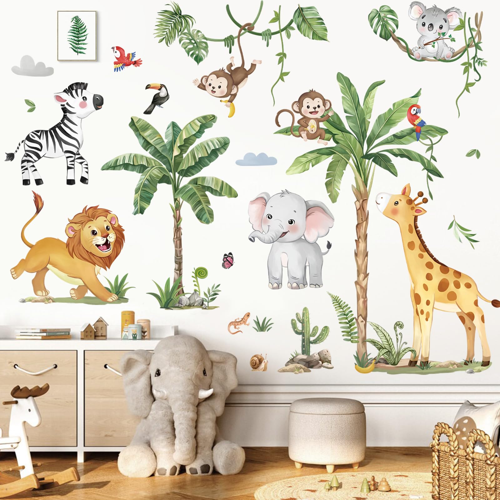 decalmile Large Jungle Animals Tropical Tree Wall Decals Safari Animals Giraffe Elephant Lion Wall Stickers Living Room Baby Nursery Kids Room Wall Decor(XL)