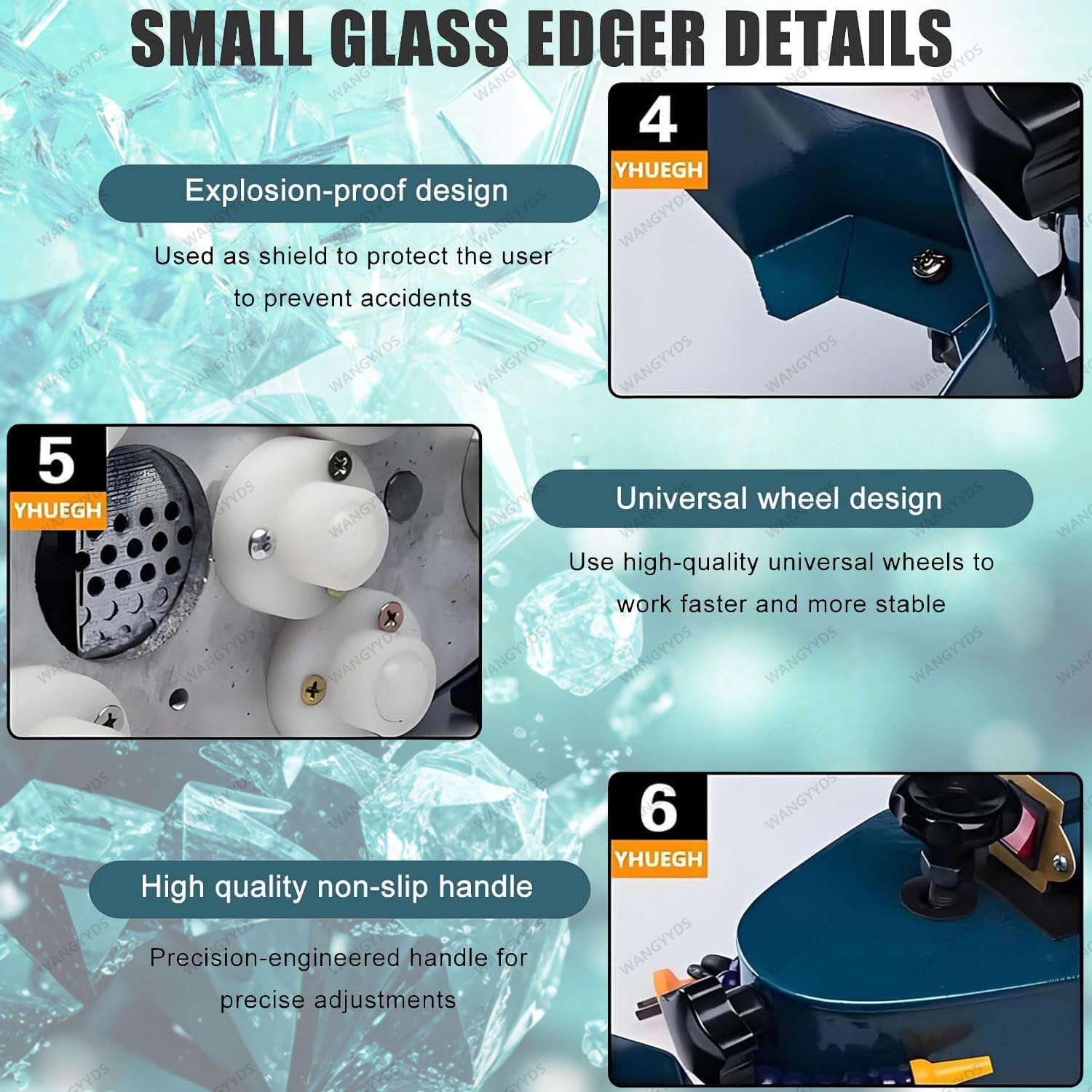 Canteadora De Vidrio Portátil Pequeña, Pulidora De Bordes Eléctrica para Plexiglás, Acrílico, Mármol Y Cerámica con 8 Ruedas De Diamante Y 2 Discos De Pulido Blue
