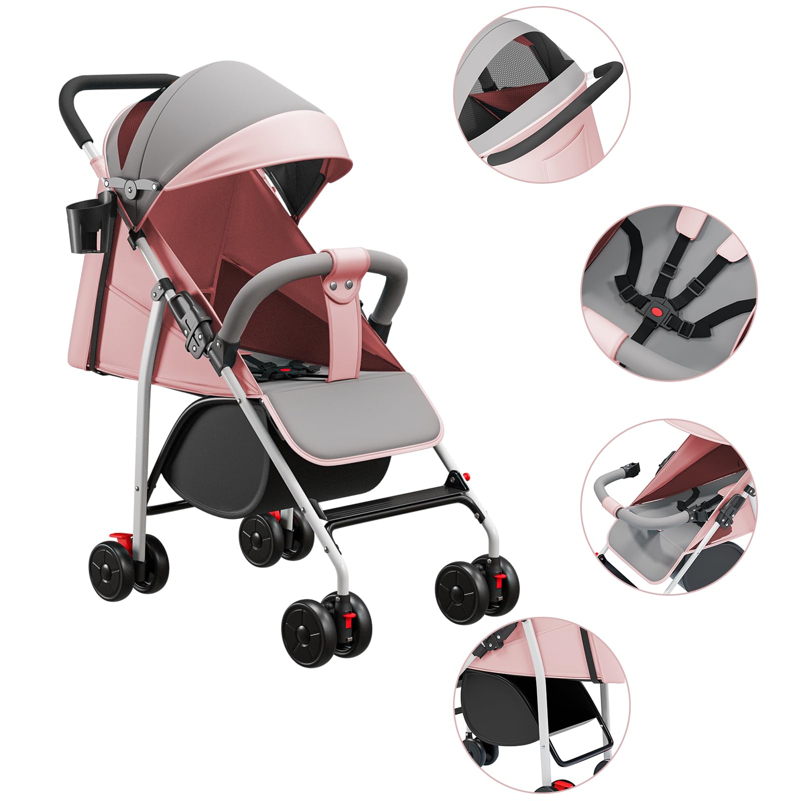 sillita de paseo bebe, de 0 a 4 años (máximo 21 kg), ligero (4,8 kg), confort silla paseo ligera, plegado compacto y reclinable, con algodón, portavasos, visera solar (Rosa)