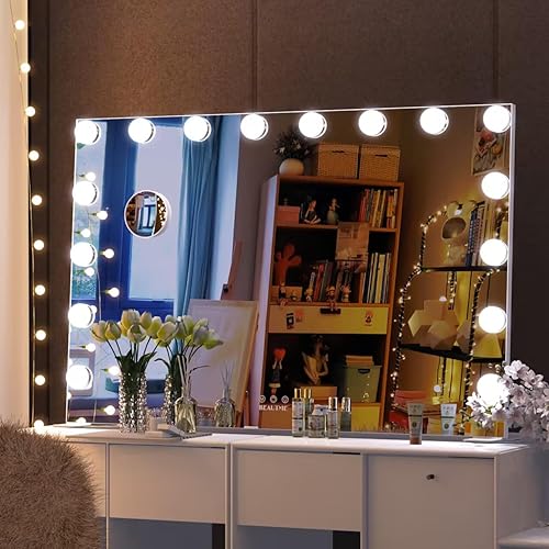 BEAUTME Espejo de tocador grande con luces, espejo de maquillaje de 35.9 x 24.3 pulgadas, espejo iluminado con 16 luces LED regulables y aumento de