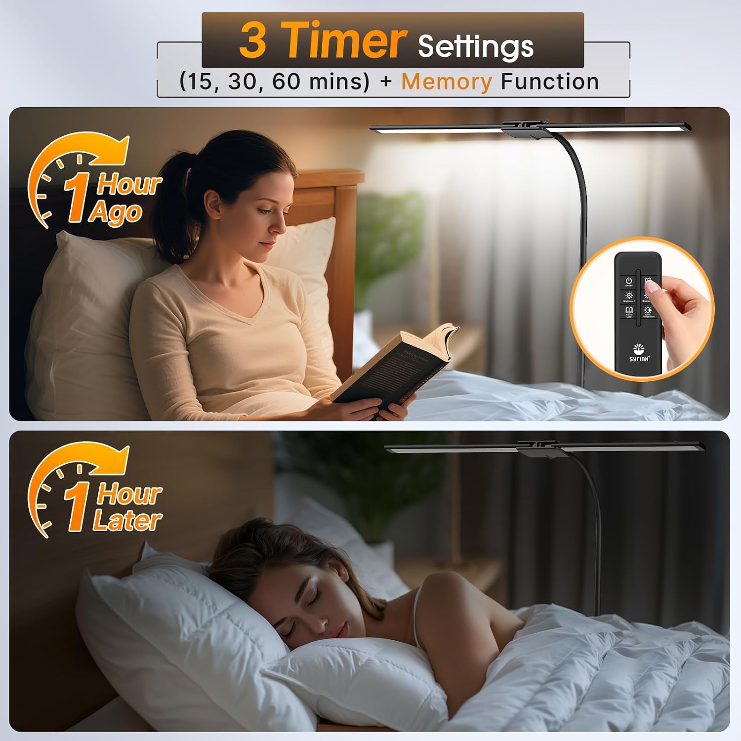 Image showing a person reading in bed with the lamp on, and then sleeping after 45 minutes, illustrating the timer function.