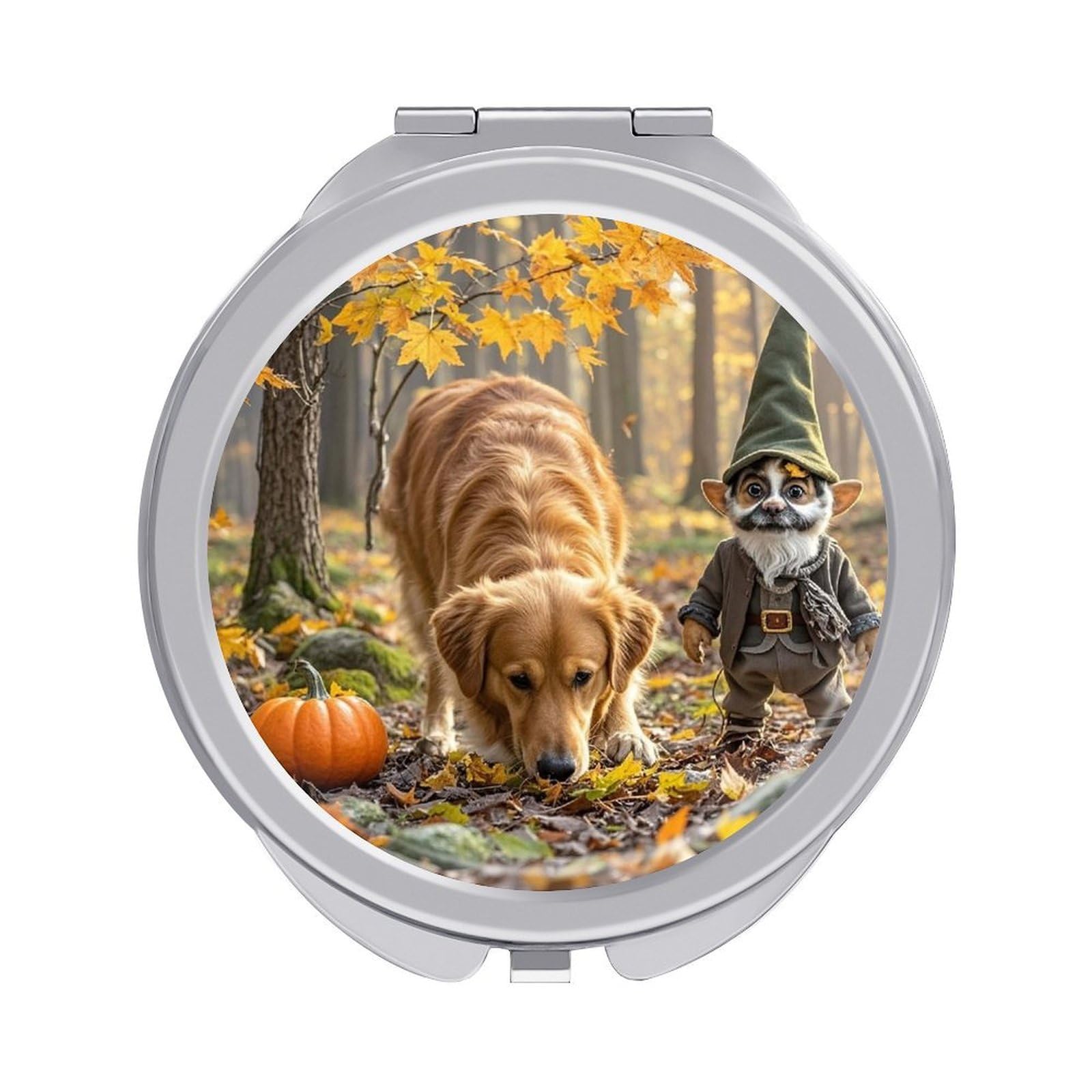 LZQPOEAS Pumpkins and Maple Leaves Travel Makeup Mirror 1X/2X Magnifying 2.4In Double Sided Metal Round Compact Mirrors Portable Mini Mirror for Purse, Pocket Folding Handheld for Women Gift