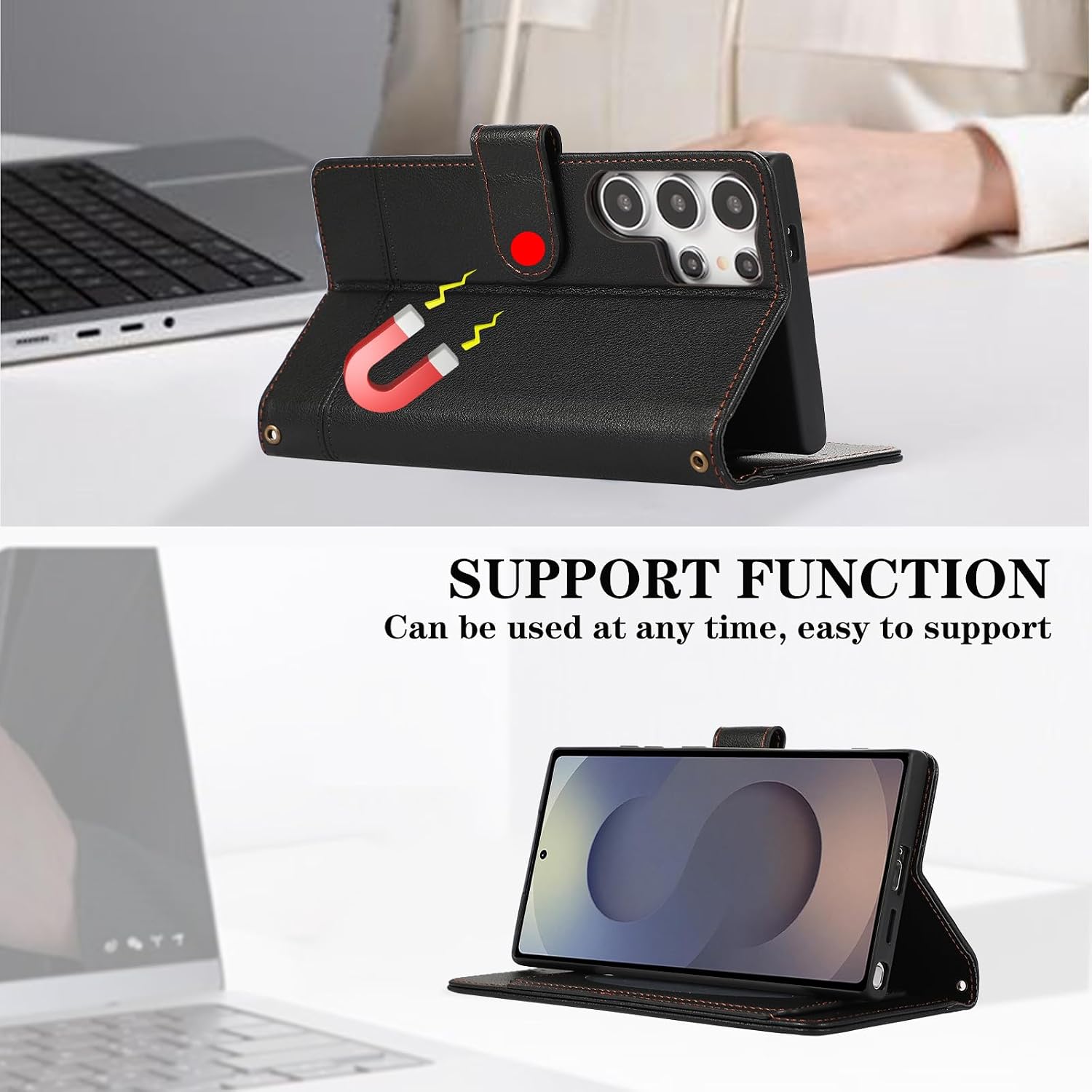 Compatible with Samsung Galaxy S25 Ultra 5G Wallet Case Wrist Strap Crossbody Strap, Mirror Flip Credit Card Holder Cell Phone Cover for S25Ultra 25S S 25 25Ultra 6.9 2025 Women Men Black