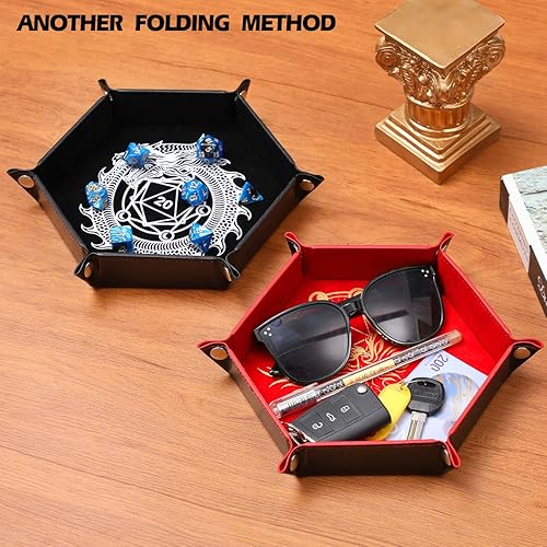 Miniatura 7 de Juego de 2 bandejas plegables portátiles para juegos de mesa RPG DND, caja de almacenamiento de cuero sintético y terciopelo, dragón y fénix