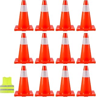 BestEquip 12 Traffic Cones 18" Safety Cones PVC Orange Traffic Safety Cone with Reflective Collar and Vest for Road Parking Soccer Training