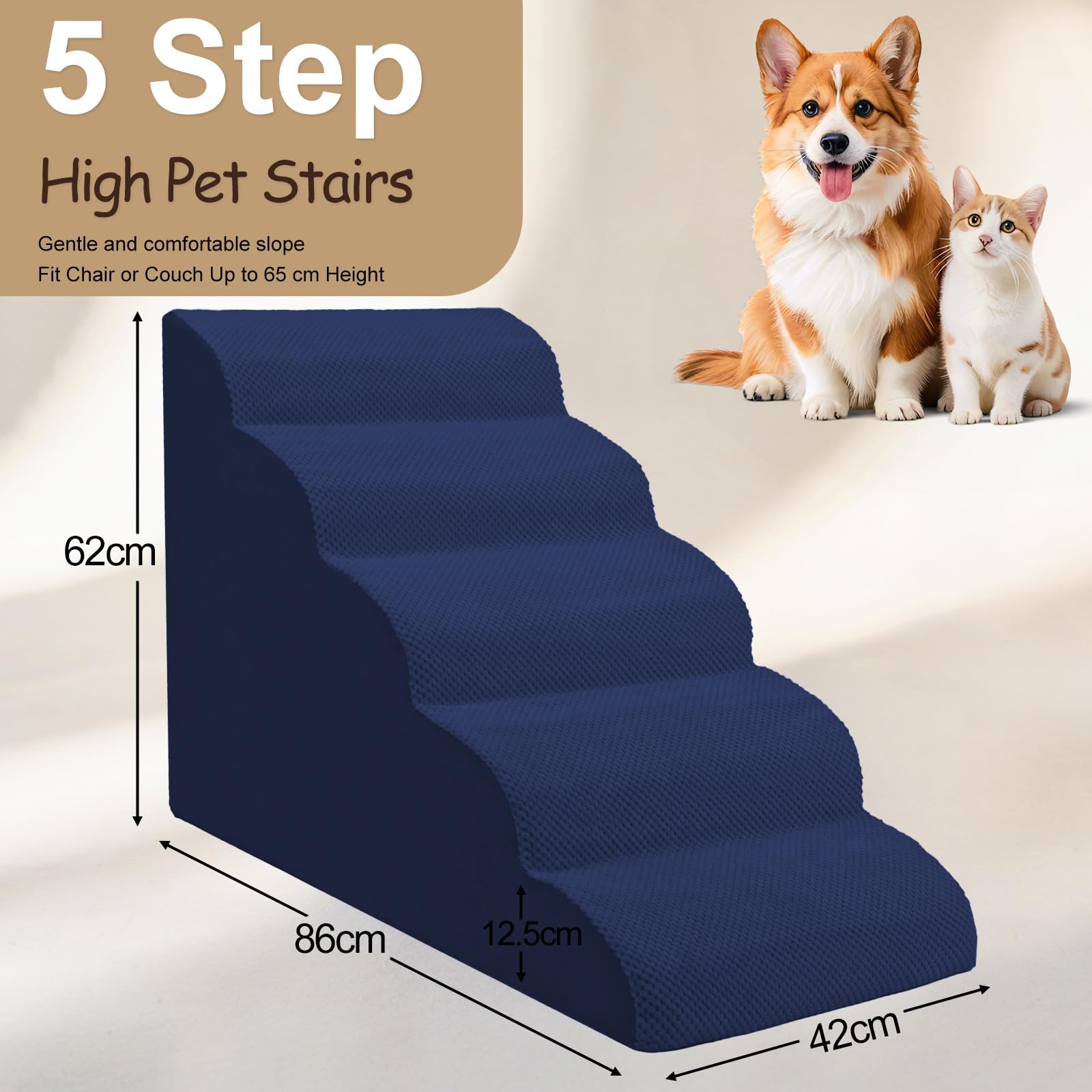 Niubya Escalier pour Chien et Chat, H62 cm, avec Housse Lavable et Mousse à Haute densité, pour lit, Salon et canapé, Échelle Large Animaux âgés et blessés (Bleumarine 5 marches)