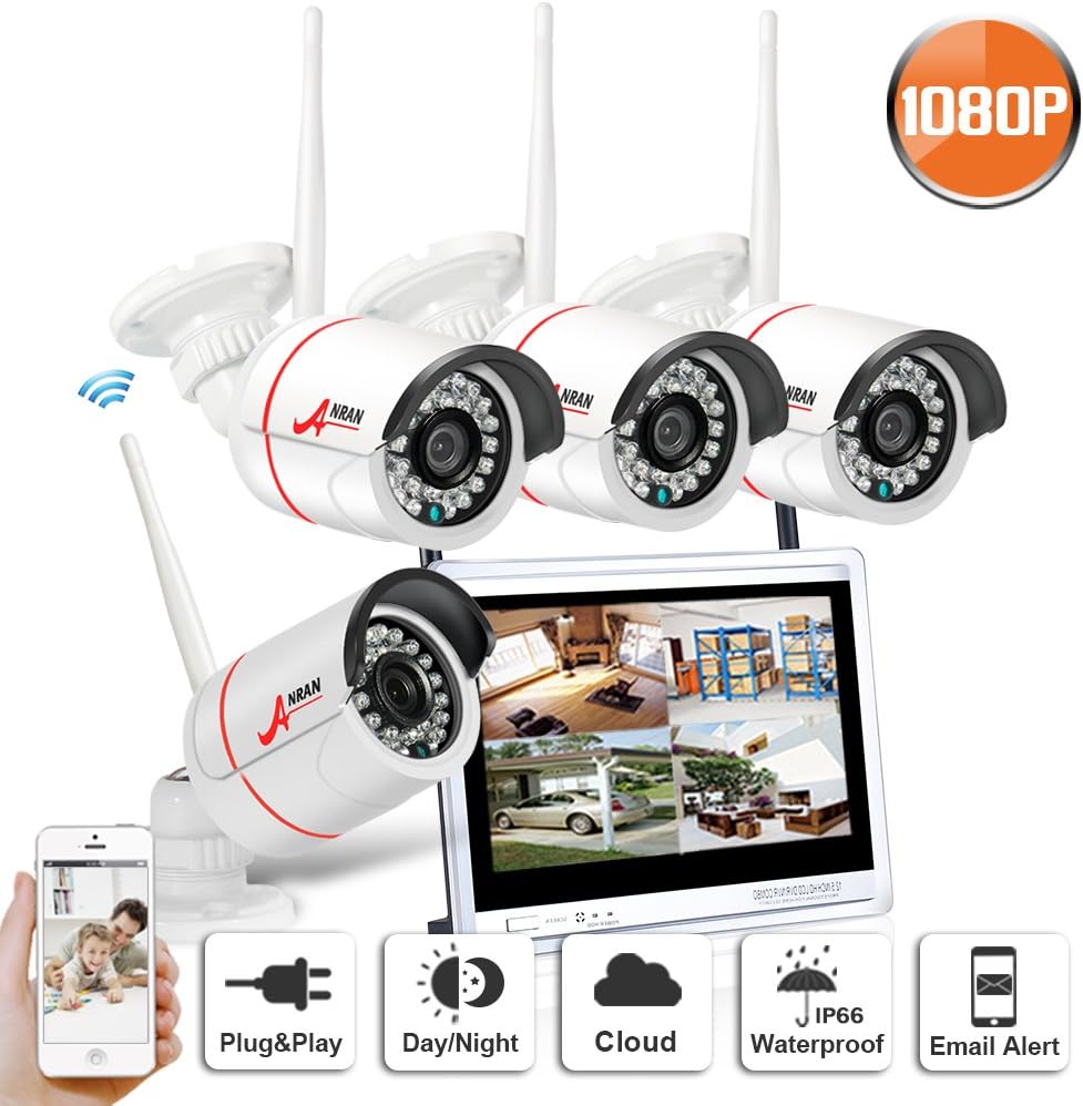 Swinway Wireless Camera System Outdoor 4Channel 1080P Home CCTV Camera System with 12inch LCD Monitor Indoor Outdoor Remote Access Motion Detection No Hard Drive