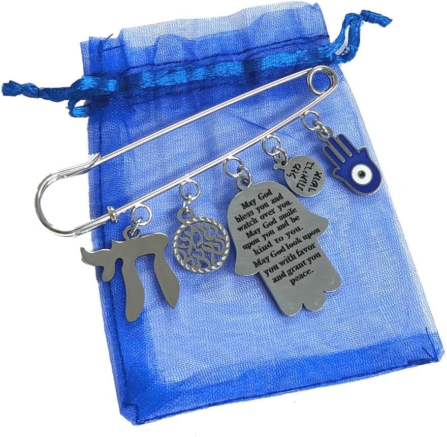 Jewish Baby Boy Safety Pin - Hamsa with Blessing - Shema Yisrael - Chai - Pomegranate - Luck Health Happiness - Judaica Newborn Gift - Hear O Israel
