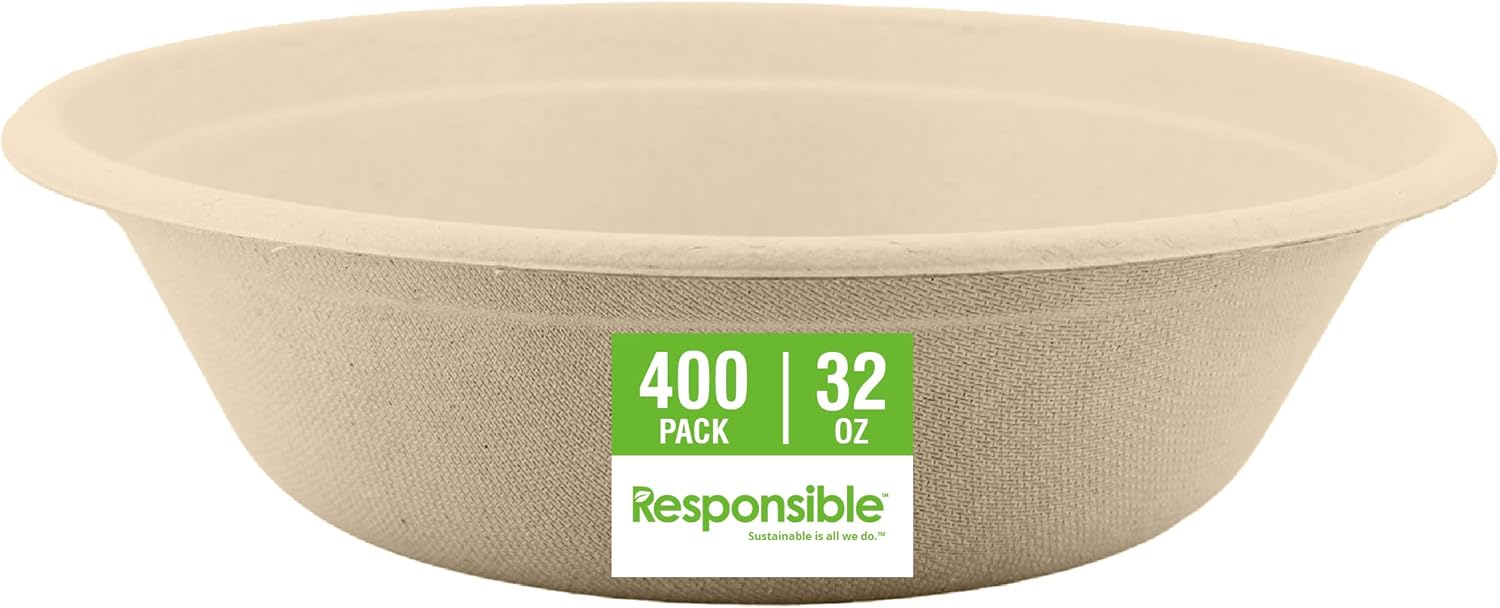 Responsible Products bowls are eco-friendly, Disposable Paper Bowls 32oz For Hot Soup (400 Count),Heavy Duty Paper Dinner Bowls, Dessert Bowls, Made from Sugarcane ＆ Bamboo Fibers