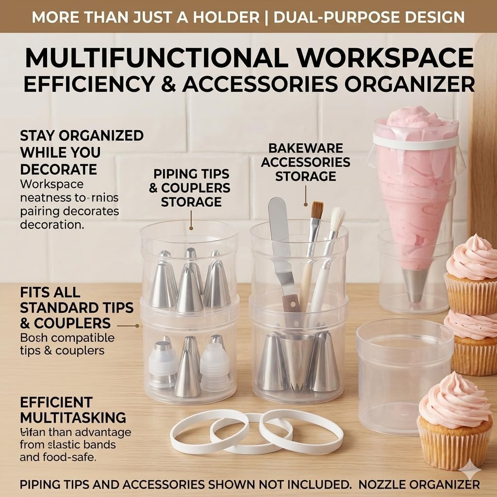 Stackable Piping Bag Holder Stand - Height Adjustable Cake Decorating Tools for Hands-Free Filling, BPA-Free Pastry Bag Stand with Secure Rubber Bands for Royal Icing, Frosting & Batter image 5