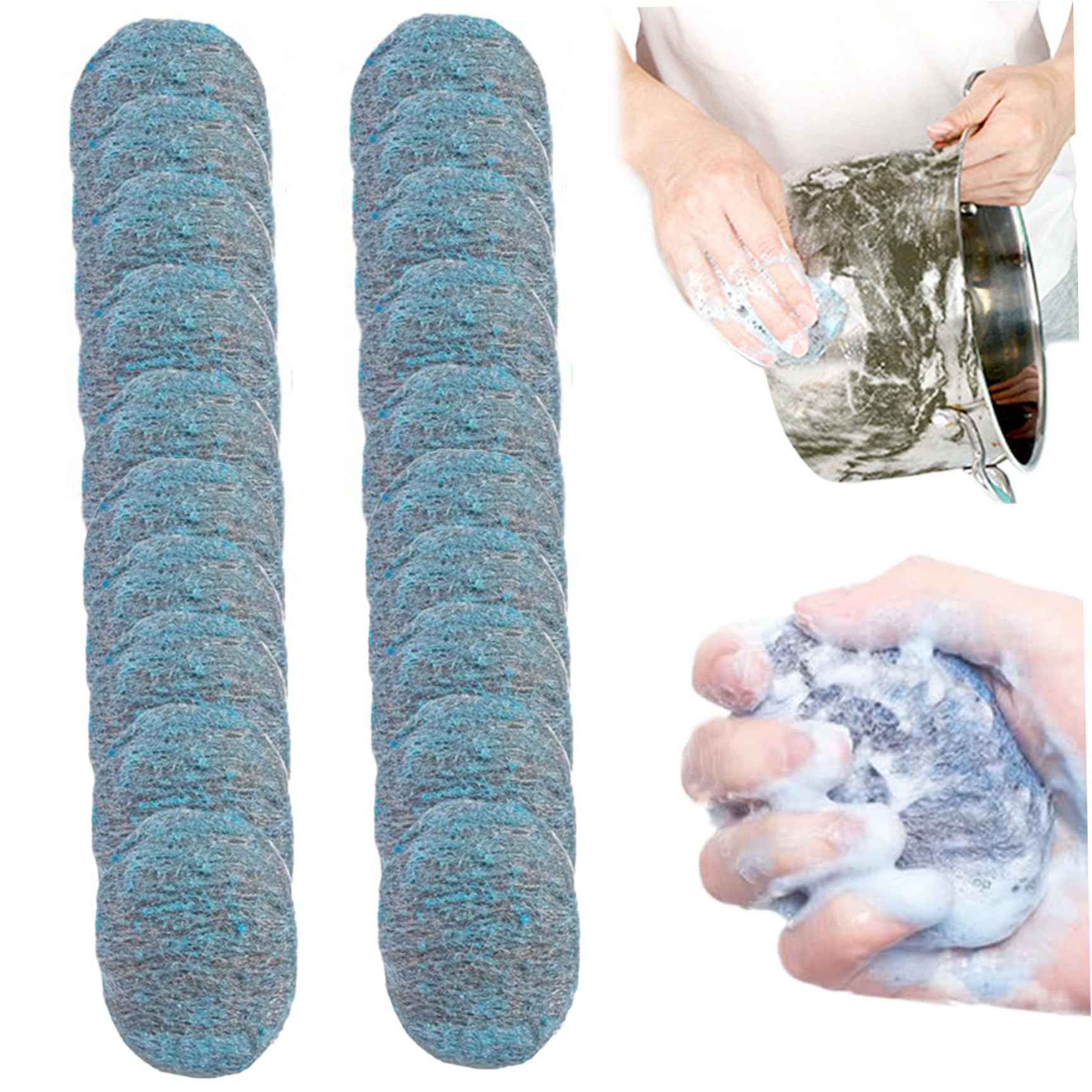 Ameble 20PCS Steel Wool Scrubber Reusable, Pre Soaped Scouring Pads Absorbent for Kitchen Dishes Metal Grills Household Cleaning Blue