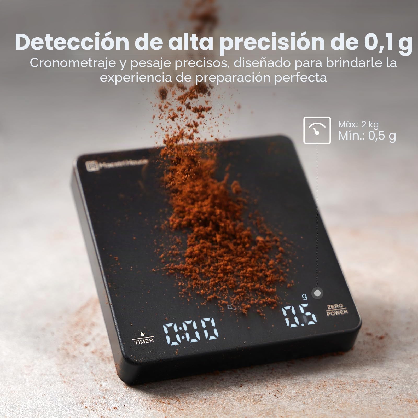 Maestri House Mini báscula de café espresso S1 con temporizador, escala de precisión de 2 kg/0,1 g, báscula digital recargable para espresso y café vertido, color negro