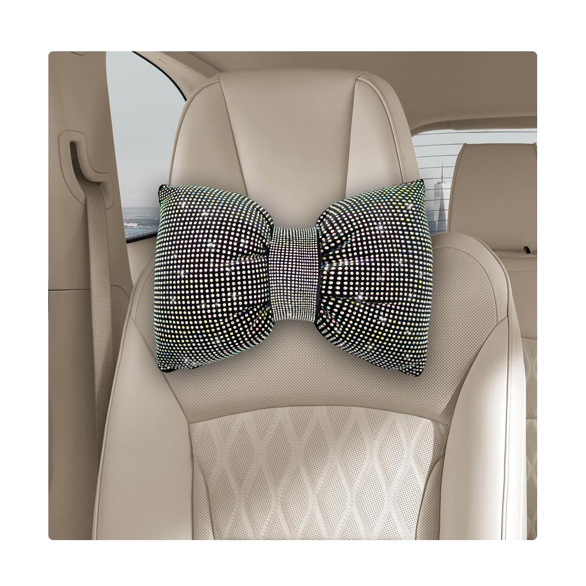 Yourkar Bling Car Seat Neck Pillow, Soft Bling Bowknot Headrest Neck Support Rest Cushion, Neck Relax Head Rest Auto Pillow with Crystal Rhinestone for Women, Car Accessories (Colorful)