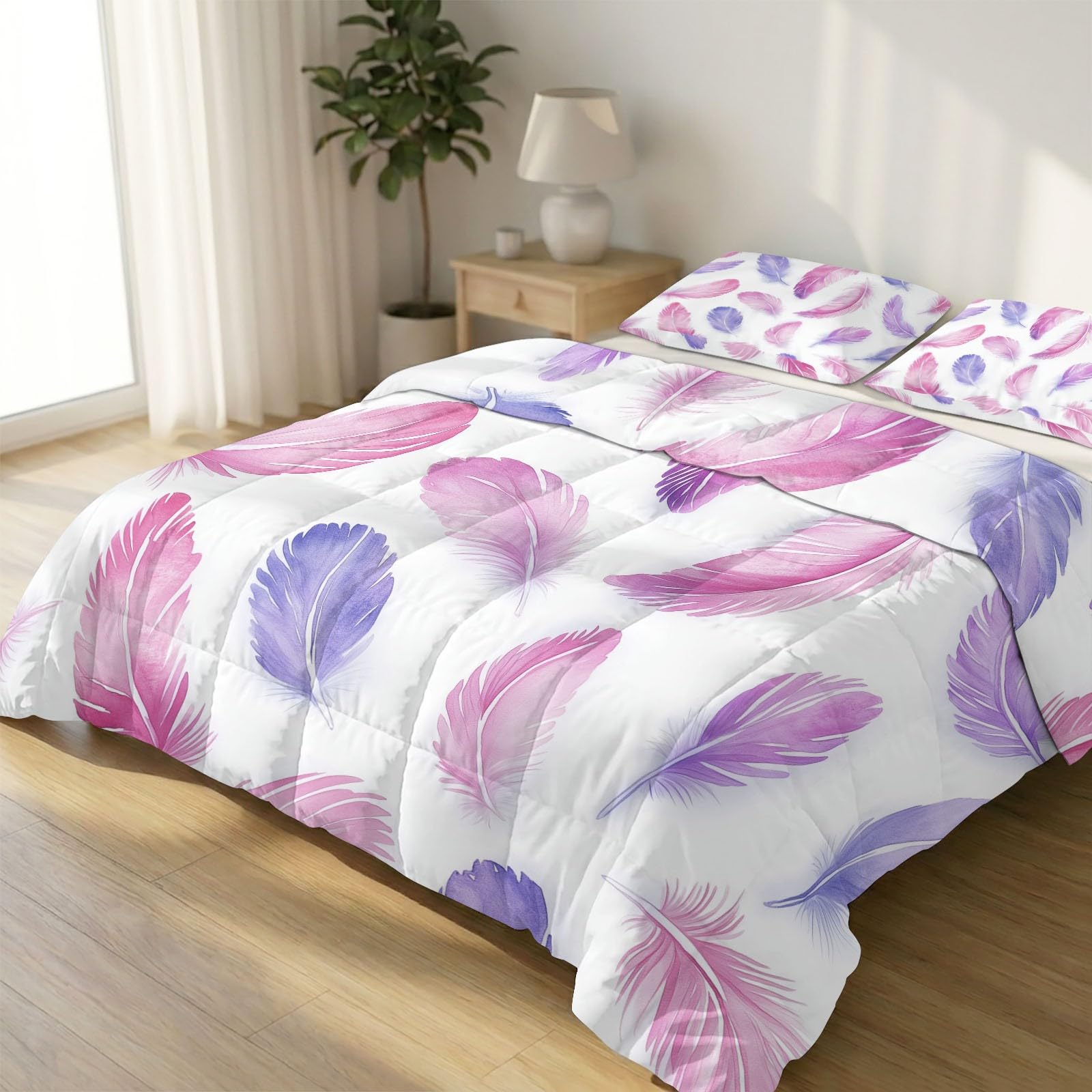 Couette 4 saisons plumes roses violettes 240x220 cm réversible avec taies d'oreiller