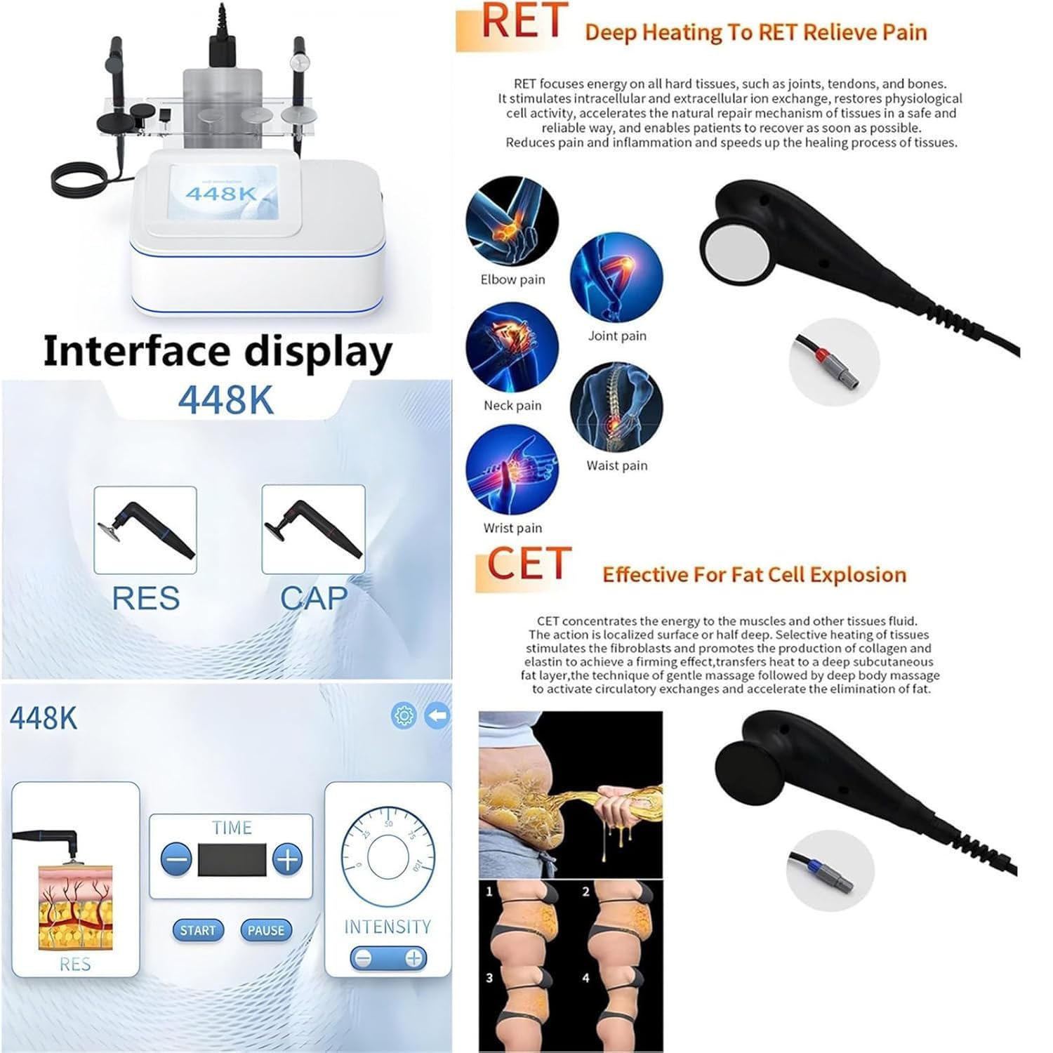 448khz Indiba RET CET Tecar Therapy Rf Tecar Macchina per terapia di sollievo profondo dal dolore Radiofrequenza Fisioterapia Ablazione Perdita di peso Macchina a trasferimento elettrico capacitivo RF