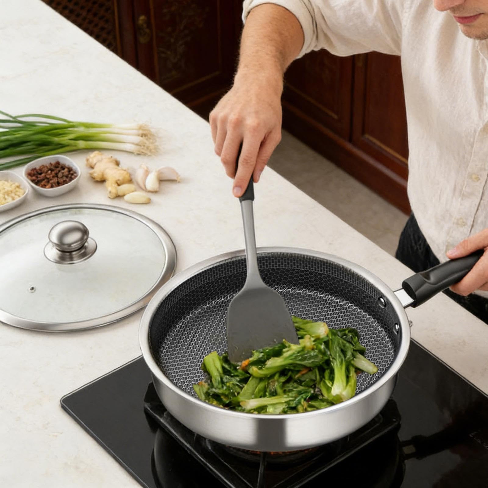 Sartenes Antiadherentes Batería de Cocina de Acero con Tapa | Sartén Individual para Restaurante Camping Estufa Eléctrica y Hogar en la Preparación de Alimentos