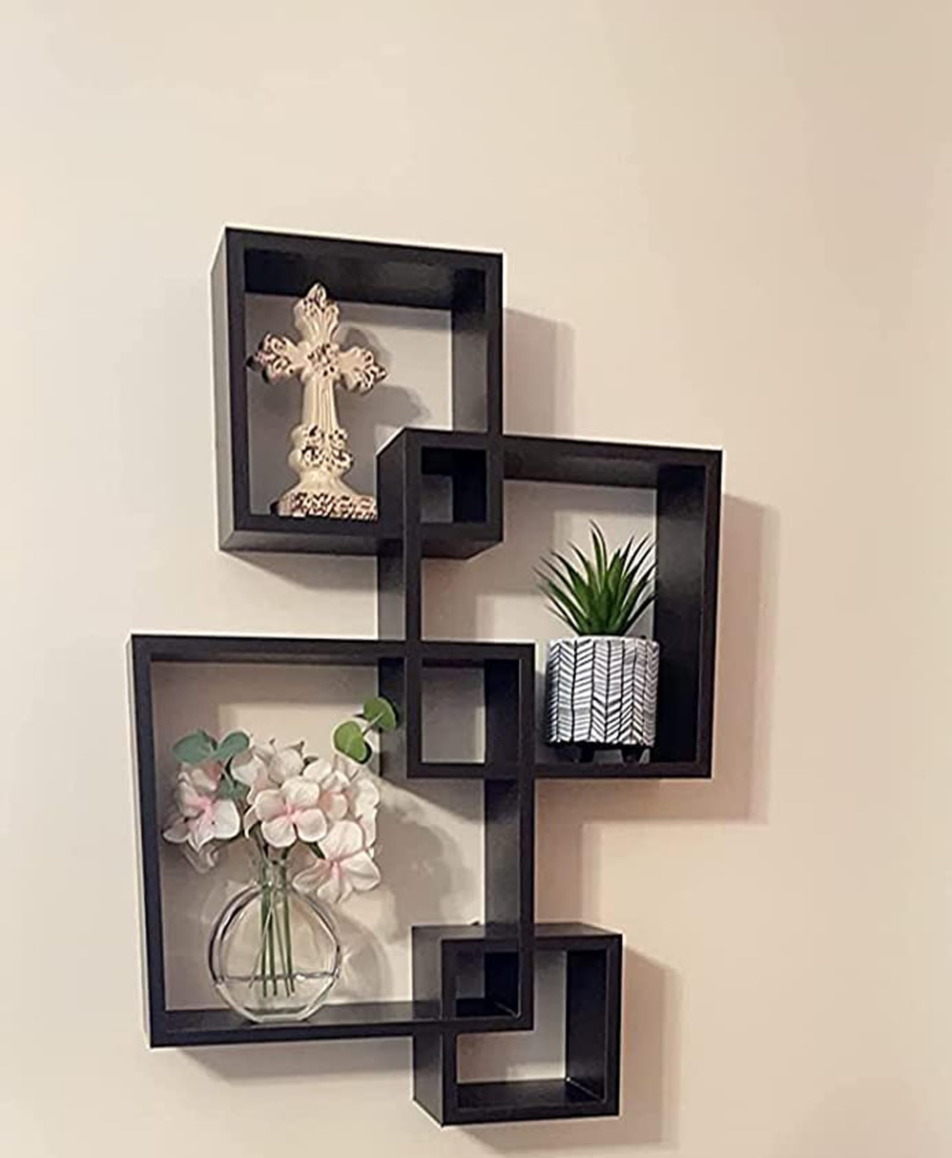 Crown Art Shoppee Wood Floating Cube Shelves - Intersecting Wall Mounted Shelves - Wall Decor Square Shelves for Bedrooms, Living Rooms & More - Set of 4 Box Shelves-Black-picture-13