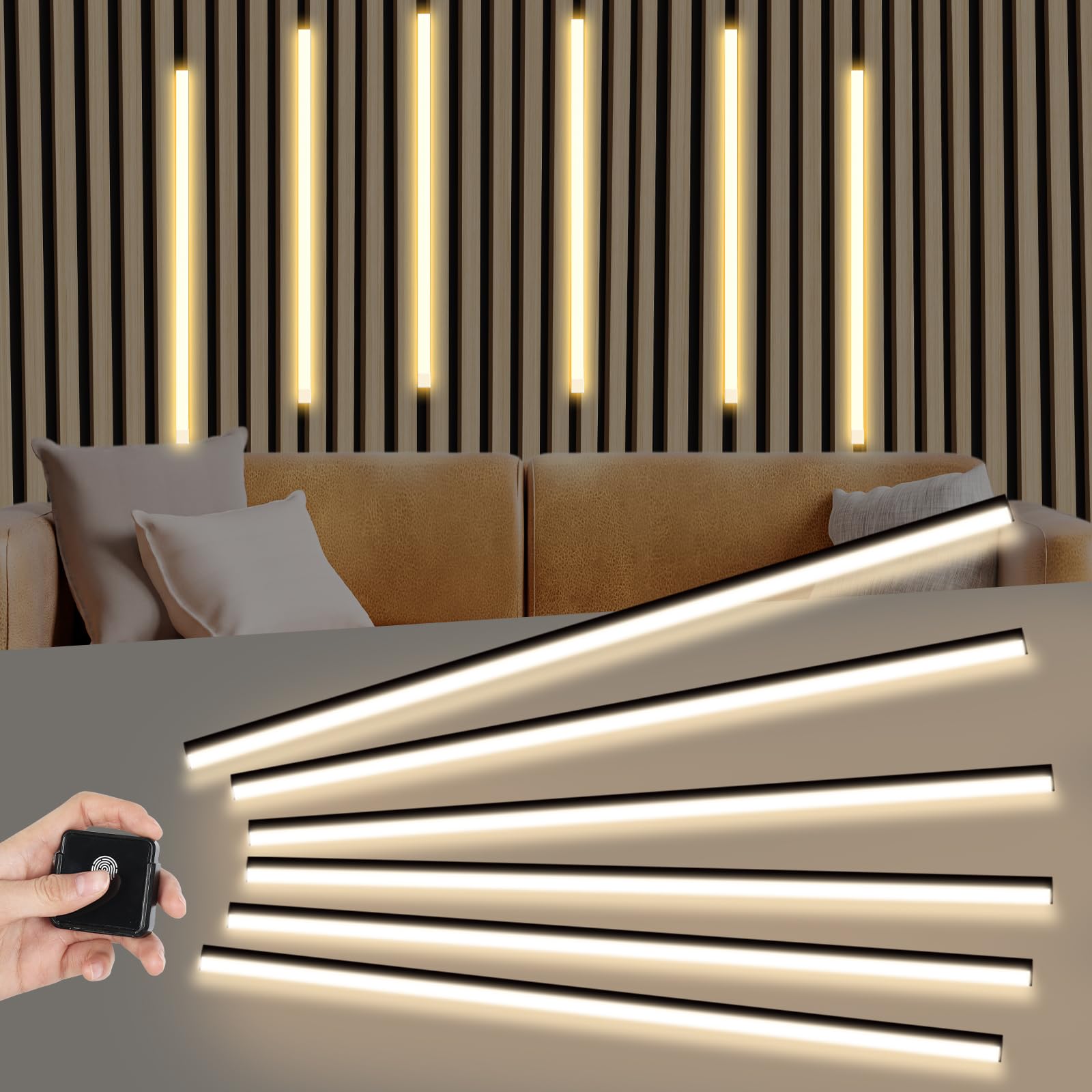 EUNEWR LED Strip for Acoustic Wall Panels, 6 x 100 CM Acoustic LED Wall Panels Lights, Black Under Cabinet Strip Lights Kit with Touch Switch, Cuttable, Dimmable, Warm White
