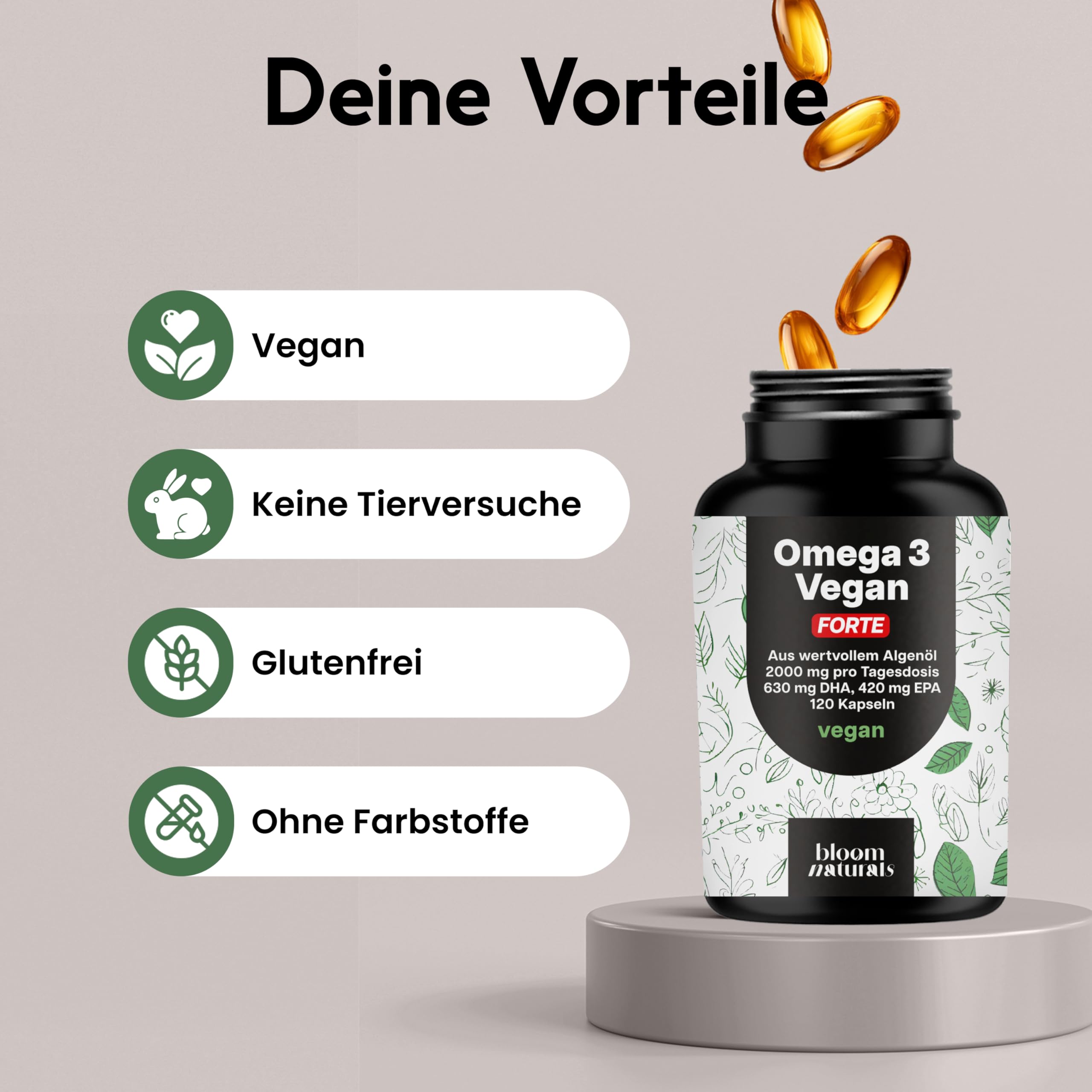 Omega 3 Kapseln Hochdosiert FORTE Vegan - 120 Kapseln - 2000mg Algenöl - 630 mg DHA & 420 mg EPA - Vegan & Produziert in Deutschland - Laborgeprüft - Verpackung kann variieren