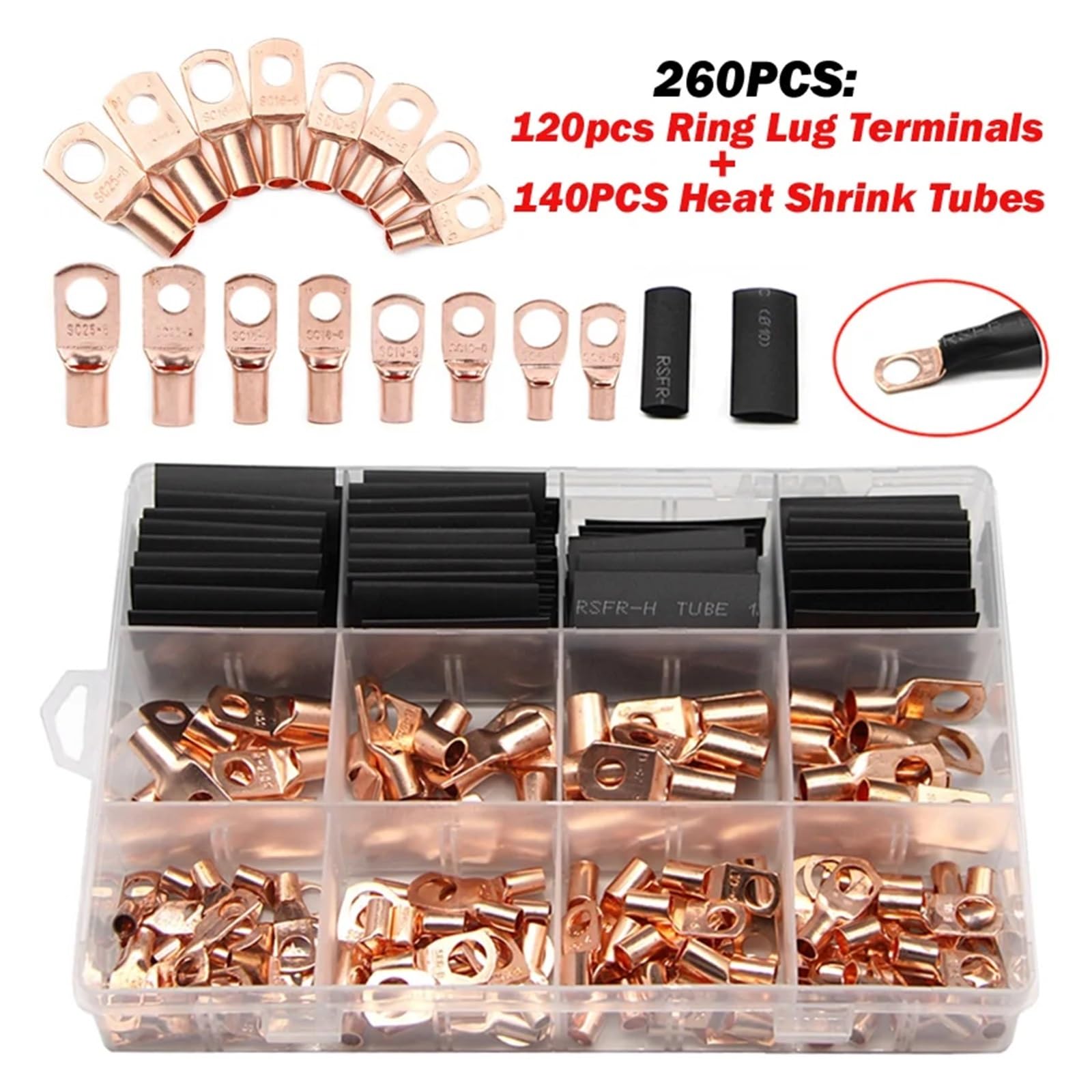 260 piezas SC anillo de cobre desnudo empalme Terminal de engarzado conector de cable Kit surtido de Tubos termorretráctiles