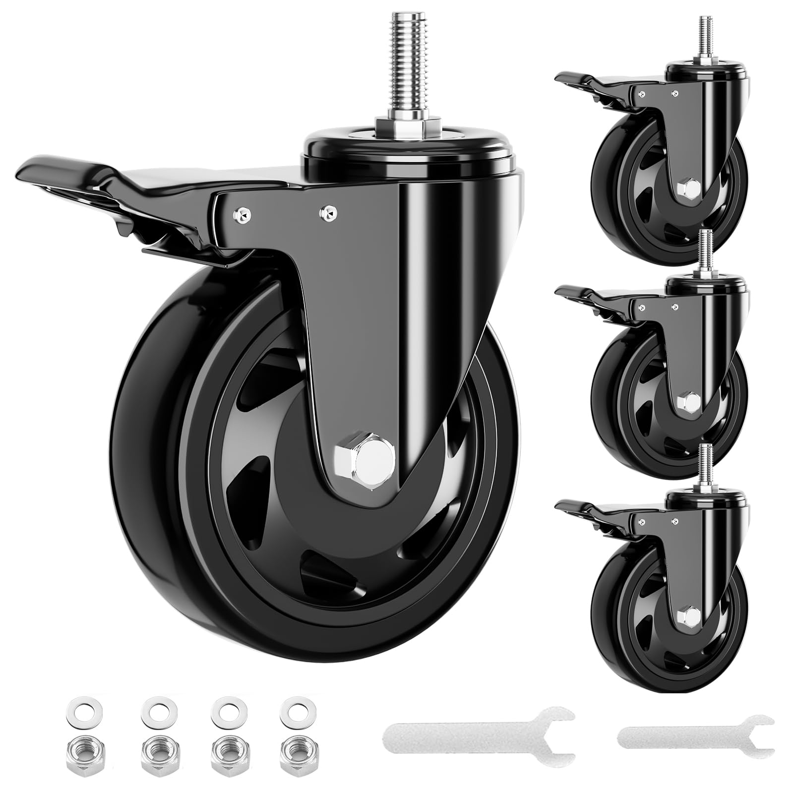YUPEZOP Lenkrollen mit Vorbau, 7,6 cm, Gewindevorbau, Schwerlastrollen, Set mit 4 Stück, UNC 3/8 - 16 x 1 Zoll, Industrierollen mit Sicherheits-Doppelfeststellrad für Möbel und Wagen