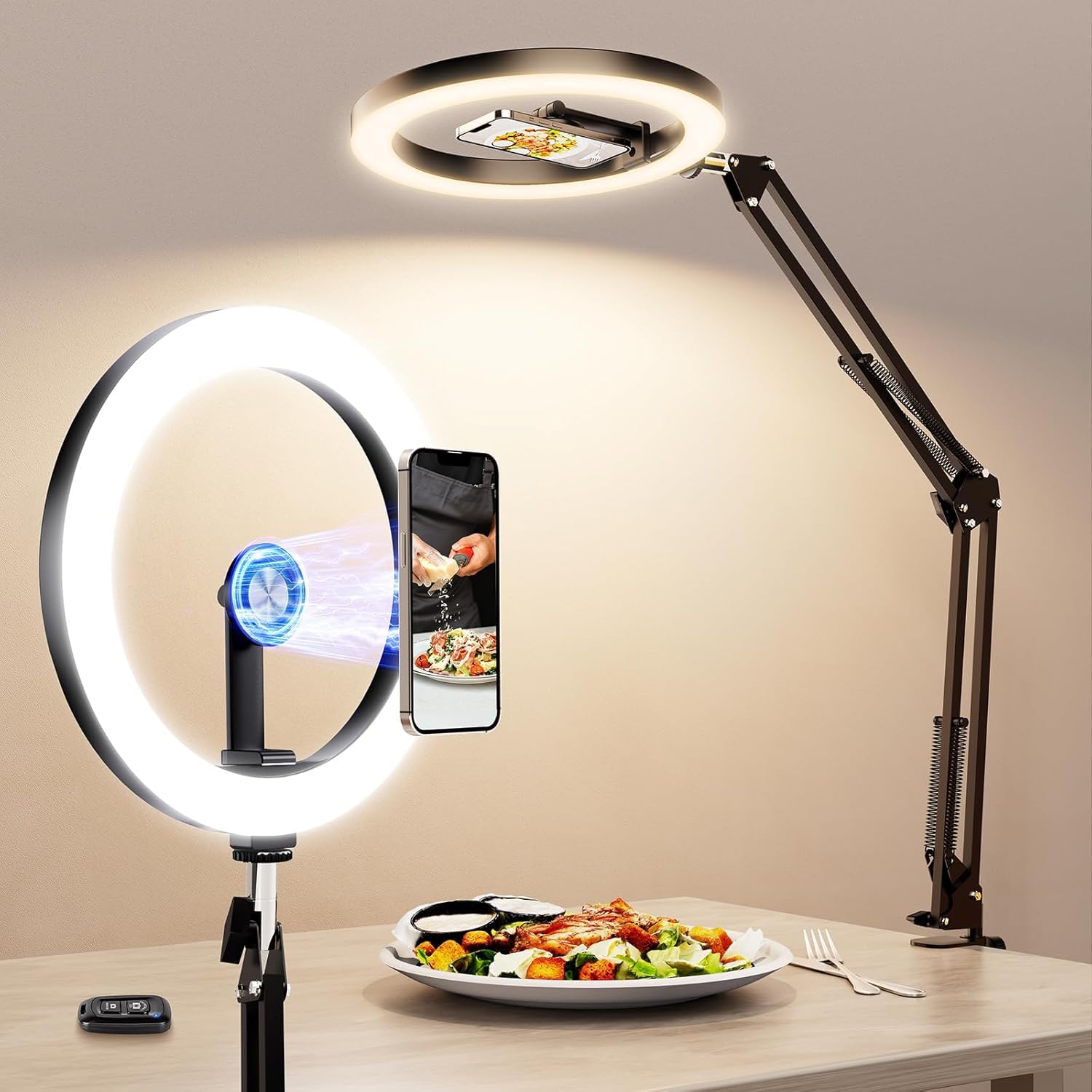 Ring Light with Stand with Magnetic Phone Holder,Overhead Phone Mount for Desk,10" LED Tripod for iPhone with Ring Light and Remote,Phones Stand for Video Recording,Live Streaming,Cooking Video